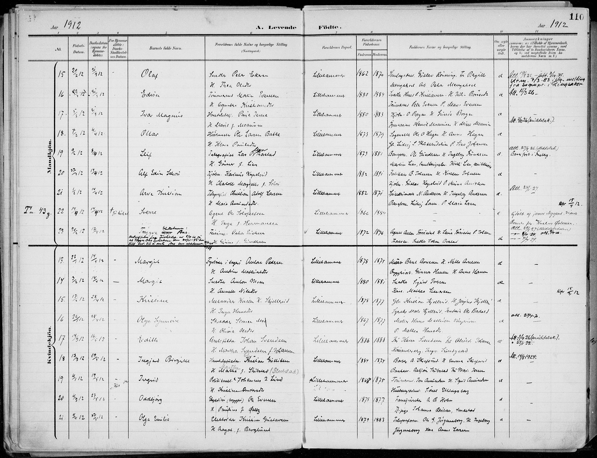 Lillehammer prestekontor, AV/SAH-PREST-088/H/Ha/Haa/L0001: Parish register (official) no. 1, 1901-1916, p. 110