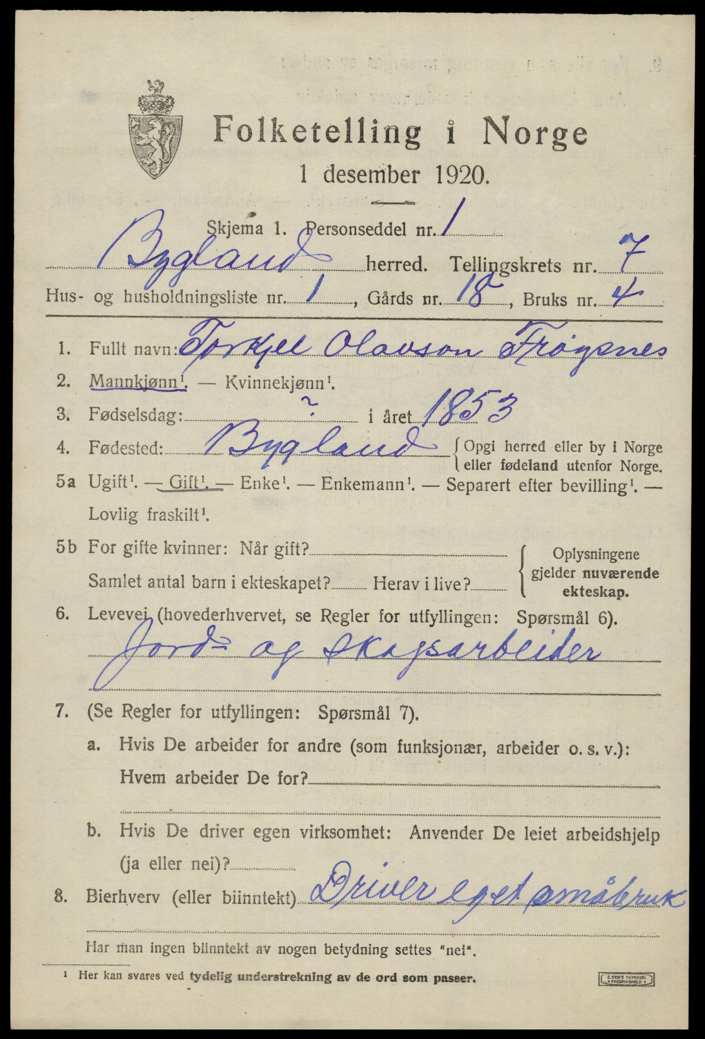SAK, 1920 census for Bygland, 1920, p. 2619