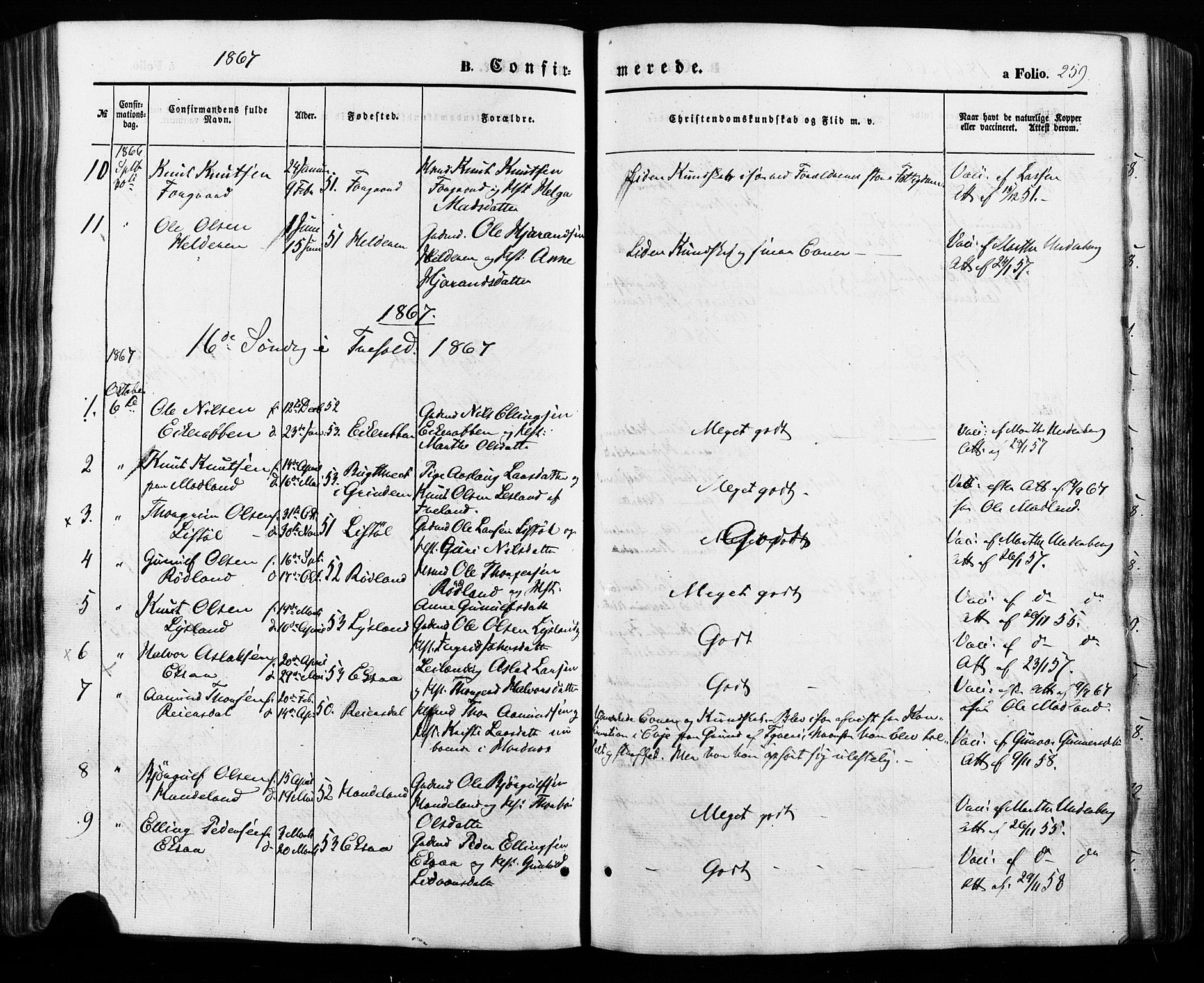 Åseral sokneprestkontor, SAK/1111-0051/F/Fa/L0002: Parish register (official) no. A 2, 1854-1884, p. 259