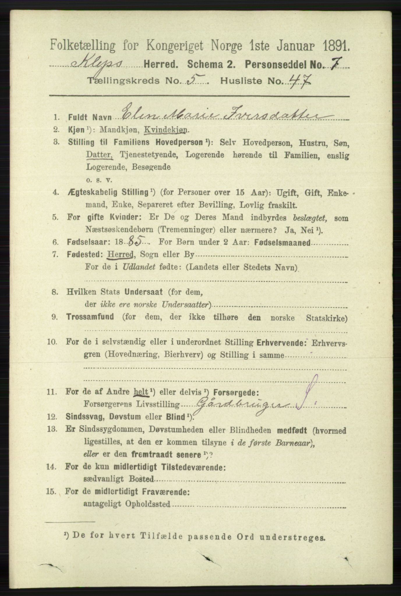 RA, 1891 census for 1120 Klepp, 1891, p. 1650