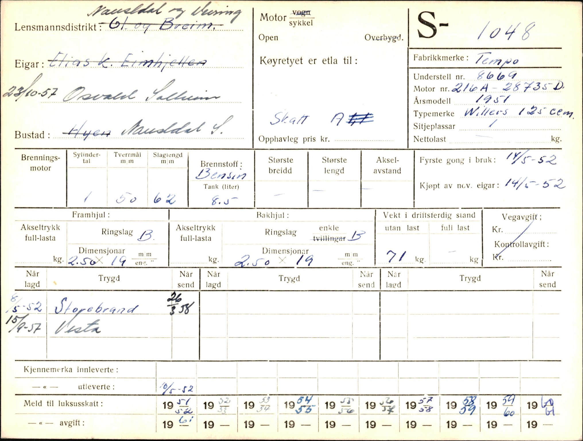 Statens vegvesen, Sogn og Fjordane vegkontor, AV/SAB-A-5301/4/F/L0003: Registerkort utmeldte Fjordane S1000-2499, 1930-1961, p. 84