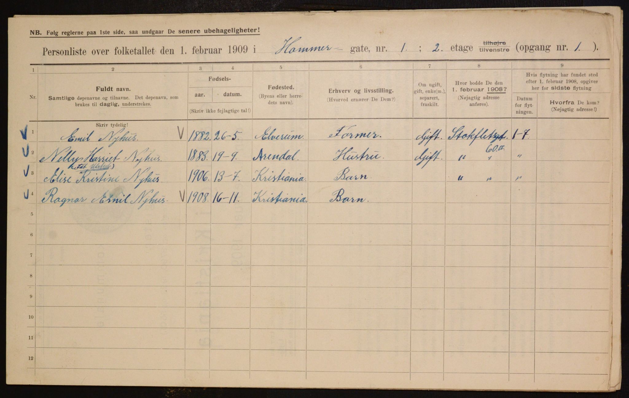 OBA, Municipal Census 1909 for Kristiania, 1909, p. 31096