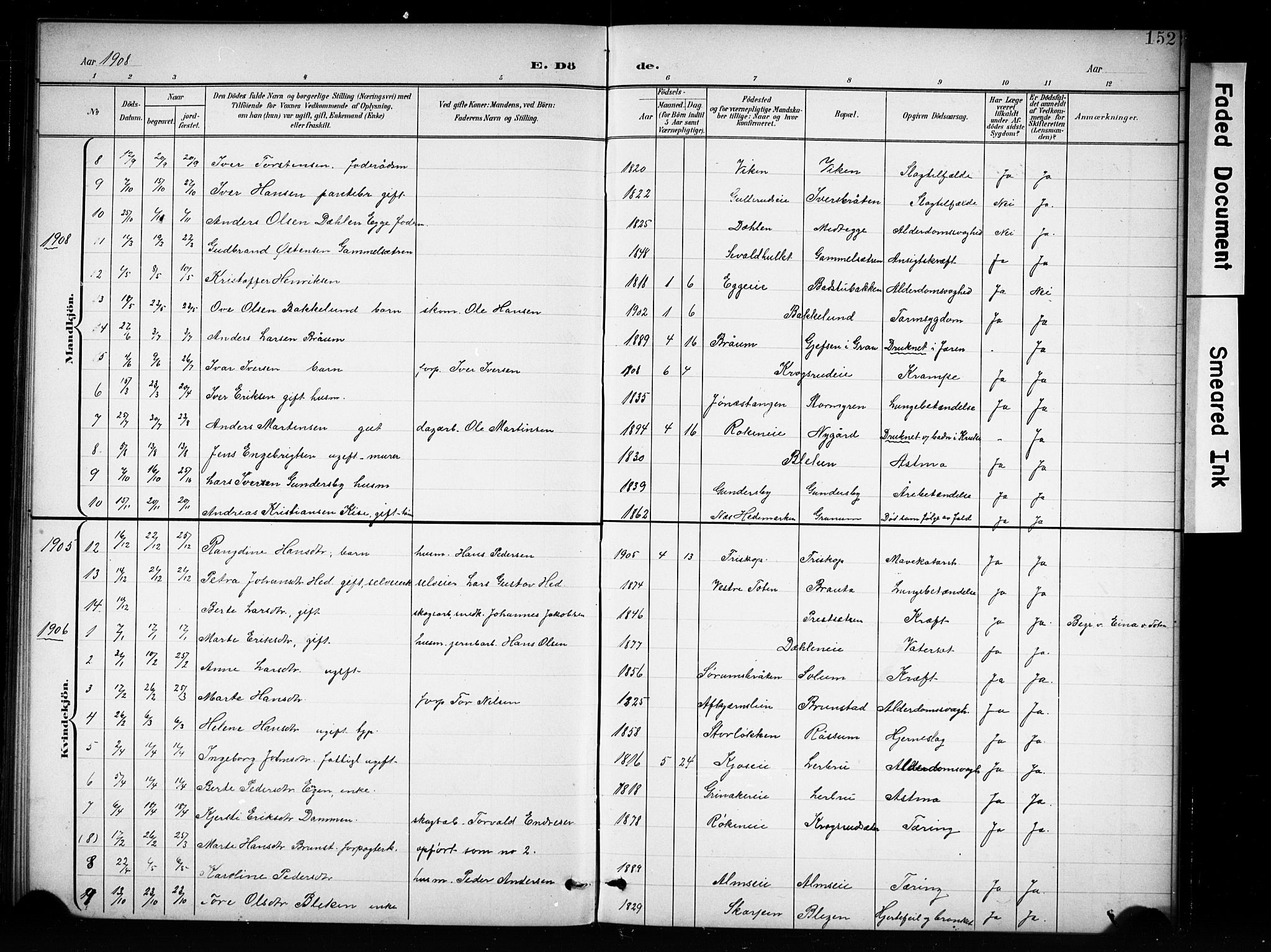 Brandbu prestekontor, SAH/PREST-114/H/Ha/Hab/L0005: Parish register (copy) no. 5, 1900-1913, p. 152