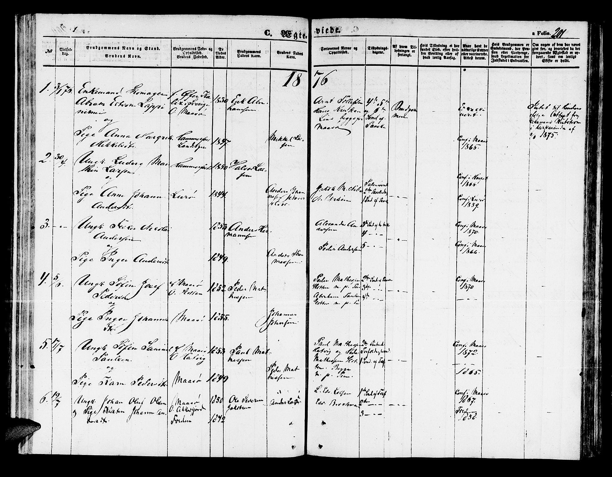 Måsøy sokneprestkontor, AV/SATØ-S-1348/H/Hb/L0001klokker: Parish register (copy) no. 1, 1852-1877, p. 201