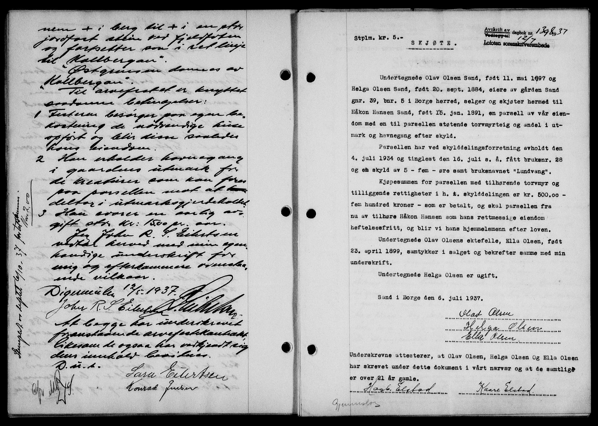 Lofoten sorenskriveri, SAT/A-0017/1/2/2C/L0002a: Mortgage book no. 2a, 1937-1937, Diary no: : 1398/1937