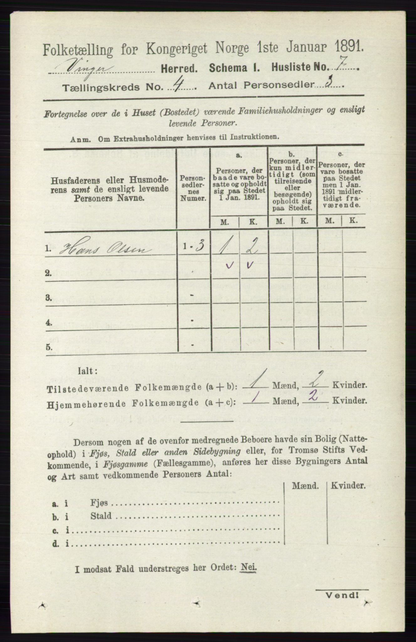 RA, 1891 census for 0421 Vinger, 1891, p. 1588