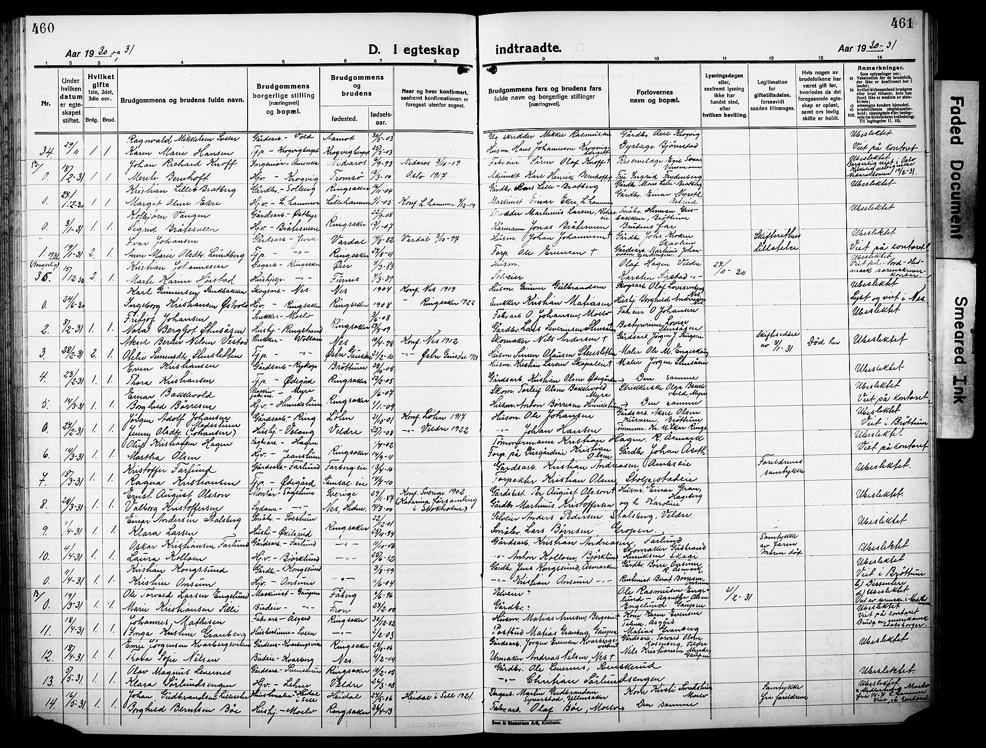 Ringsaker prestekontor, AV/SAH-PREST-014/L/La/L0019: Parish register (copy) no. 19, 1923-1933, p. 460-461