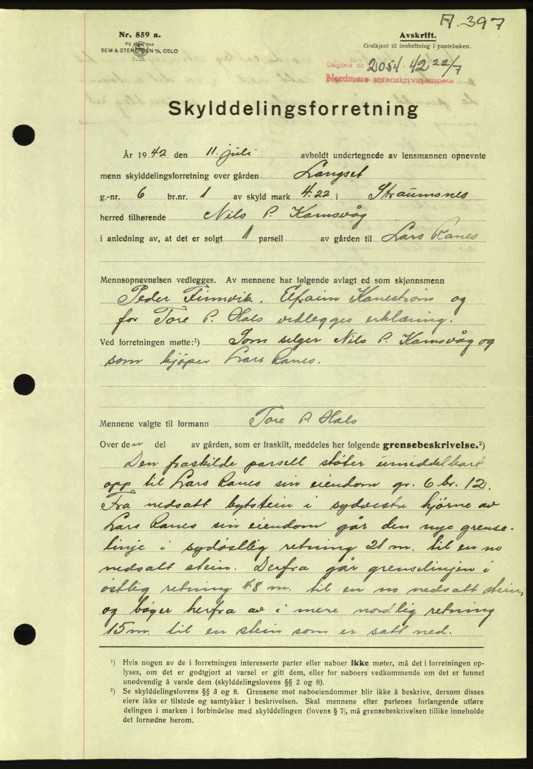 Nordmøre sorenskriveri, AV/SAT-A-4132/1/2/2Ca: Mortgage book no. A93, 1942-1942, Diary no: : 2054/1942