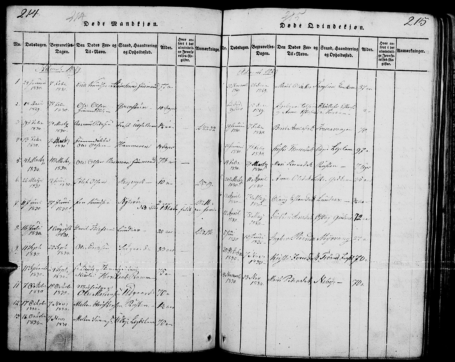 Tynset prestekontor, SAH/PREST-058/H/Ha/Hab/L0001: Parish register (copy) no. 1, 1814-1859, p. 214-215