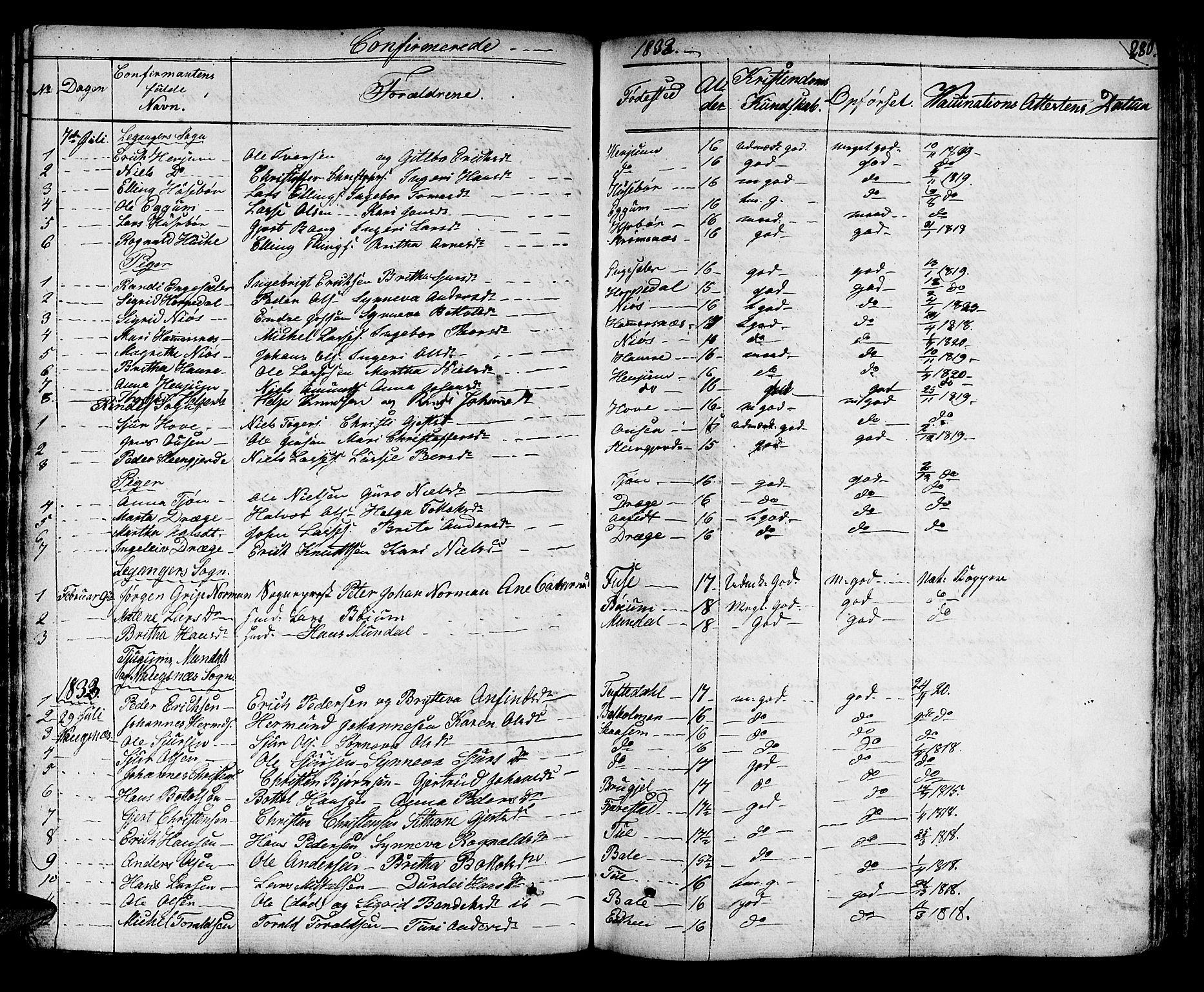 Leikanger sokneprestembete, AV/SAB-A-81001/H/Haa/Haaa/L0006: Parish register (official) no. A 6, 1810-1838, p. 280