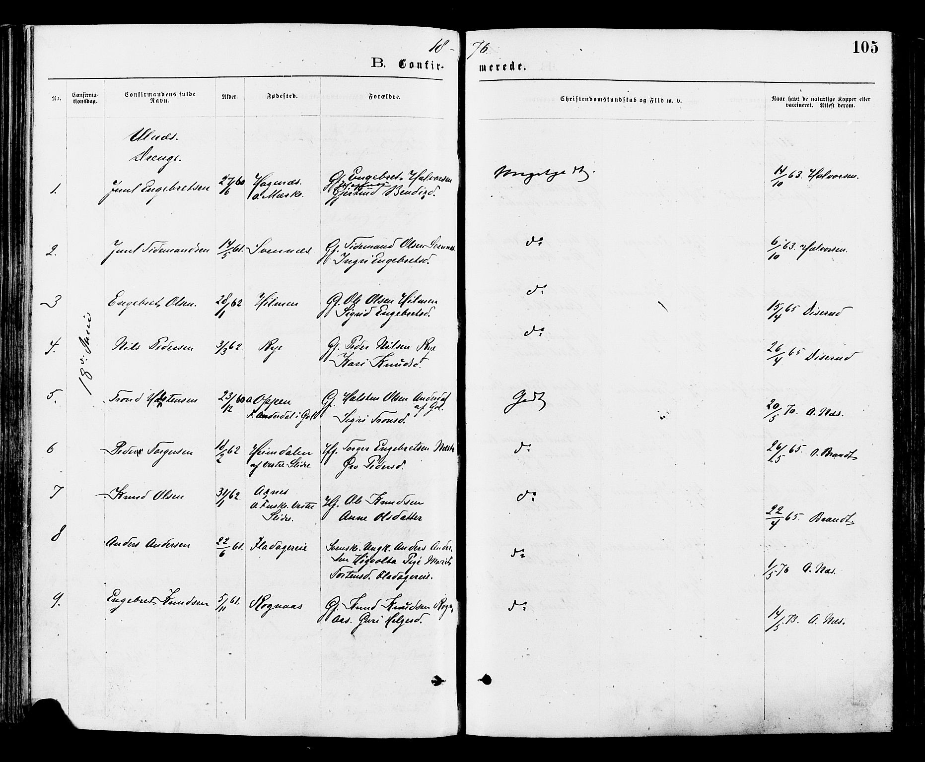 Nord-Aurdal prestekontor, AV/SAH-PREST-132/H/Ha/Haa/L0009: Parish register (official) no. 9, 1876-1882, p. 105