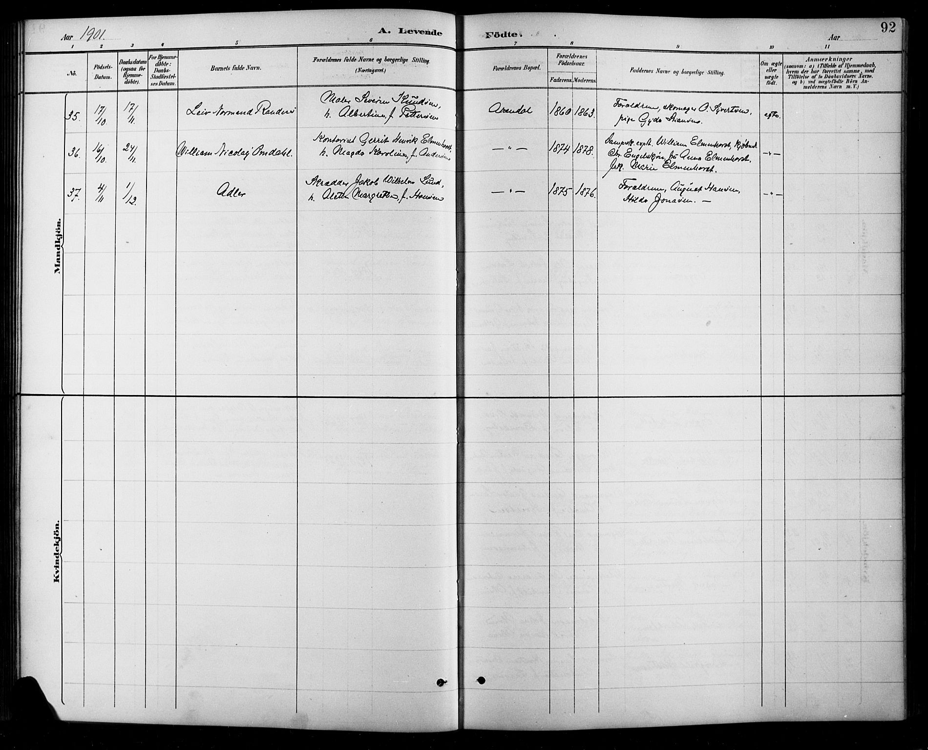 Arendal sokneprestkontor, Trefoldighet, SAK/1111-0040/F/Fb/L0006: Parish register (copy) no. B 6, 1889-1916, p. 92