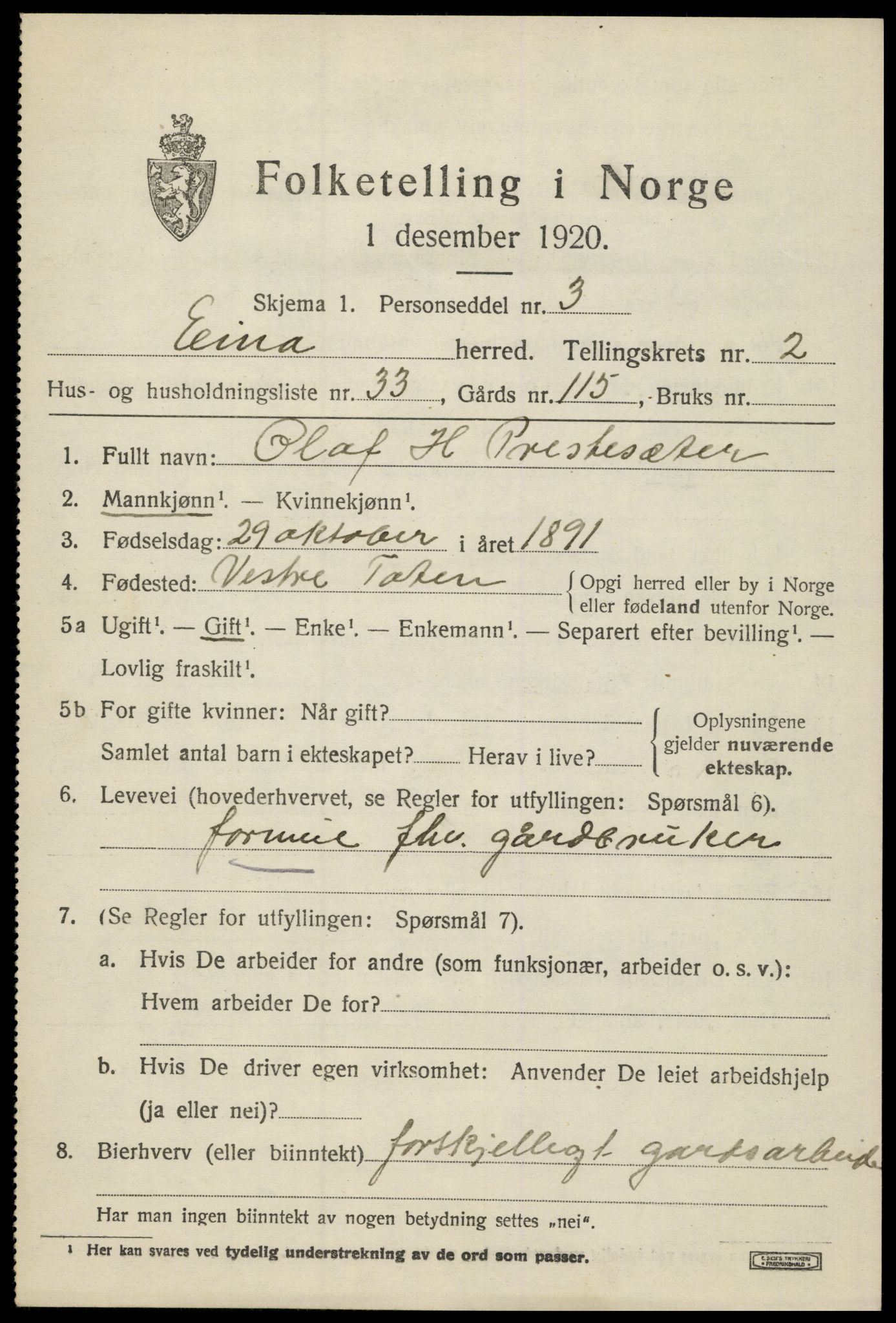 SAH, 1920 census for Eina, 1920, p. 2170