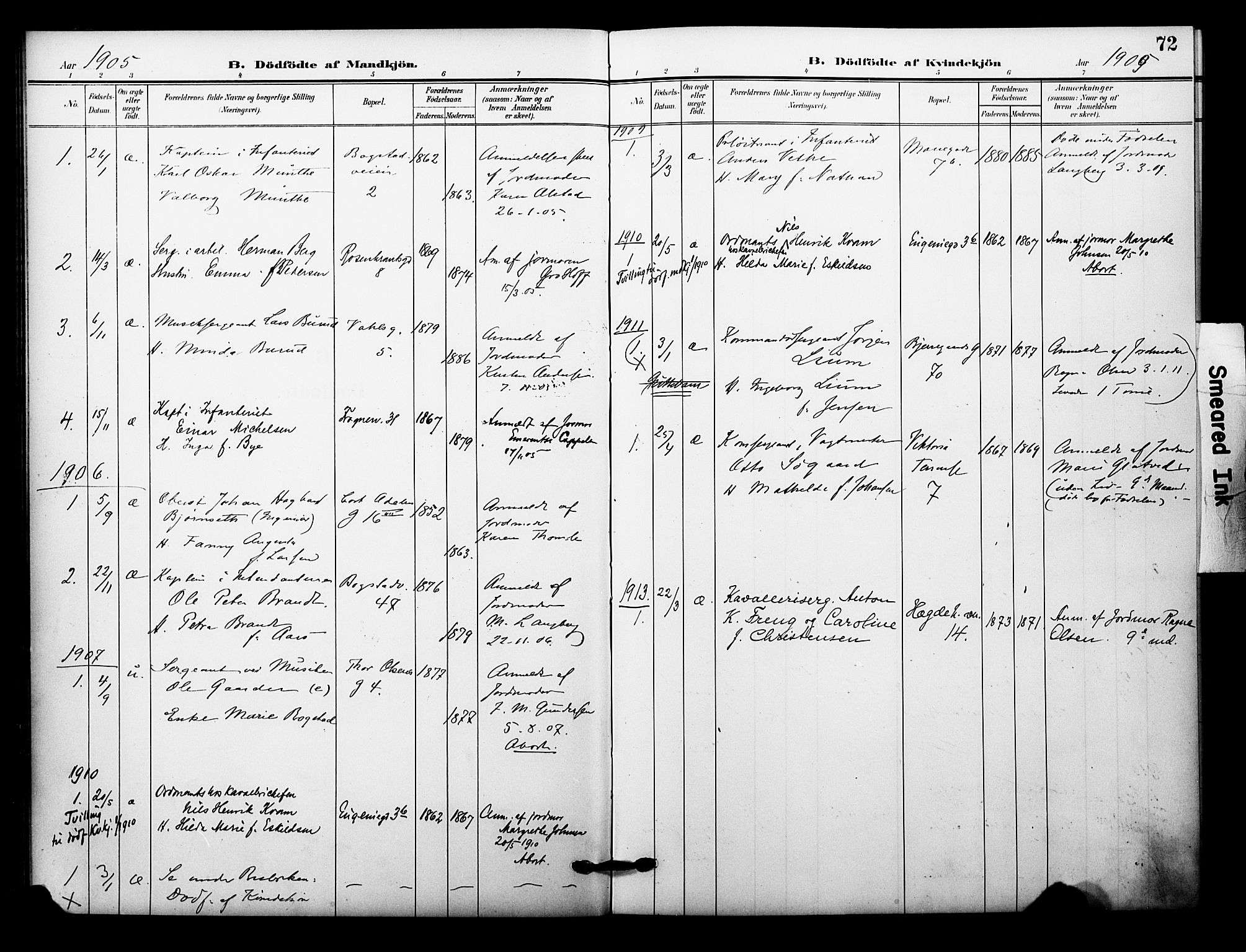 Garnisonsmenigheten Kirkebøker, SAO/A-10846/F/Fa/L0014: Parish register (official) no. 14, 1905-1914, p. 72