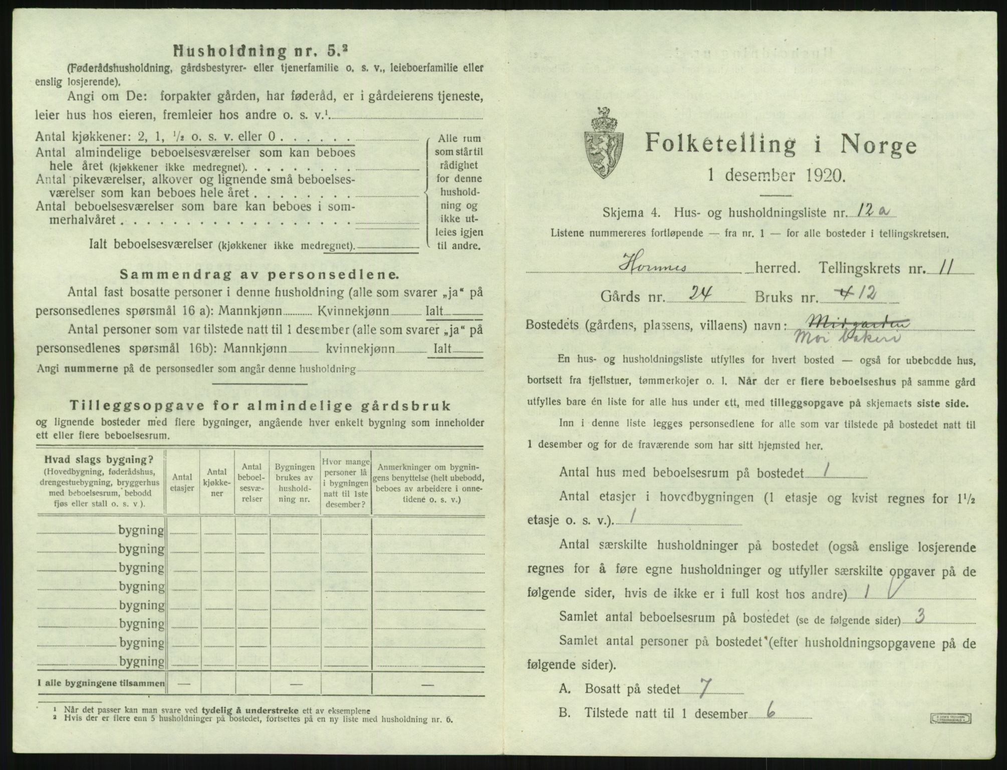 SAK, 1920 census for Hornnes, 1920, p. 453