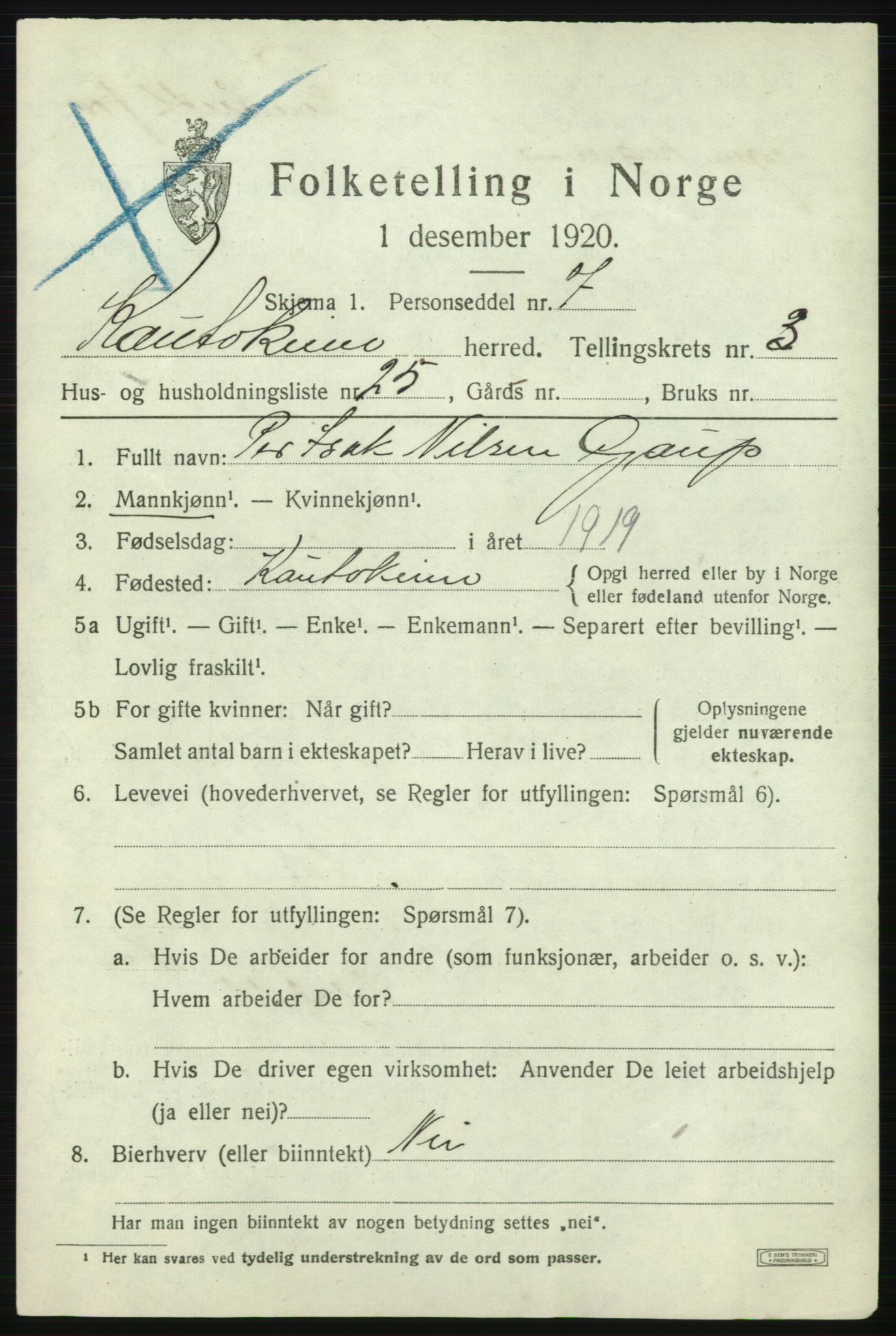 SATØ, 1920 census for Kautokeino, 1920, p. 1689