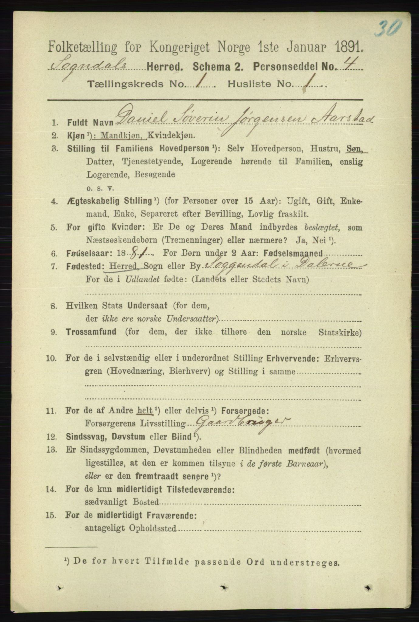 RA, 1891 census for 1111 Sokndal, 1891, p. 90