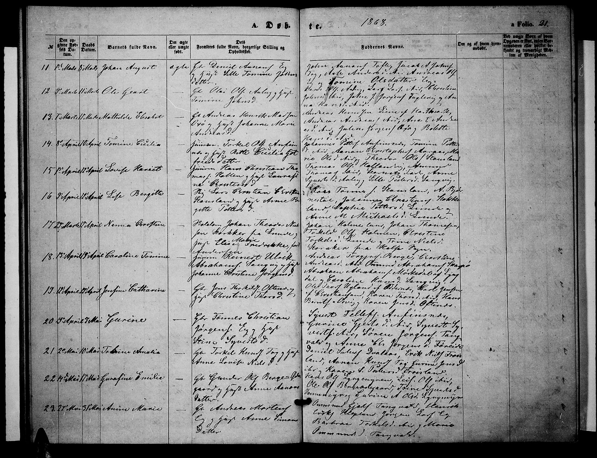 Søgne sokneprestkontor, SAK/1111-0037/F/Fb/Fbb/L0004: Parish register (copy) no. B 4, 1864-1883, p. 21