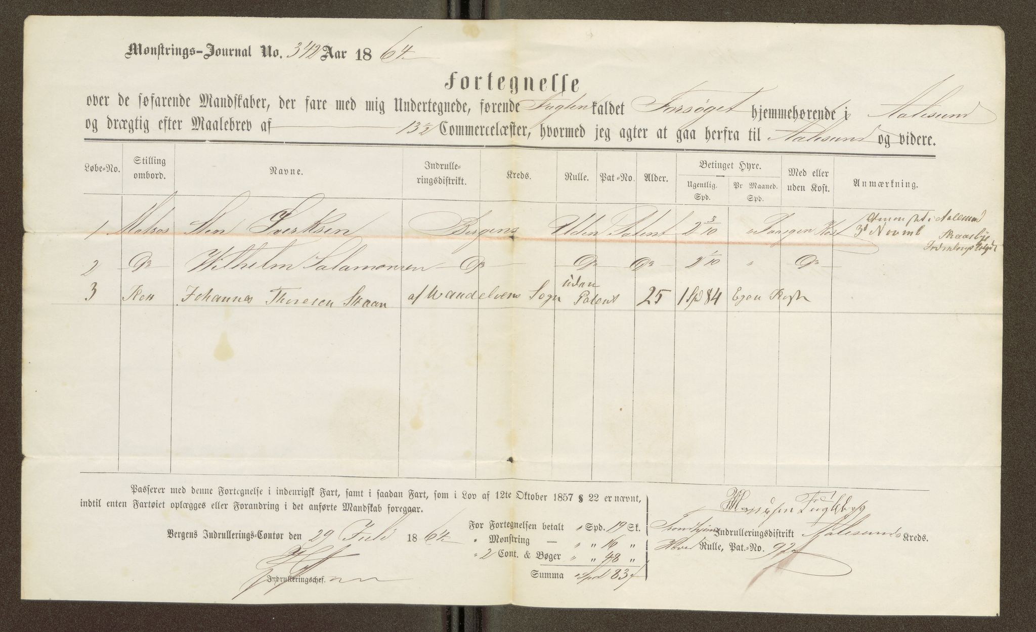 Sjøinnrulleringen - Trondhjemske distrikt, SAT/A-5121/01/L0269: Bemannings og mønstringslister for Ålesund krets, 1865-1867, p. 2