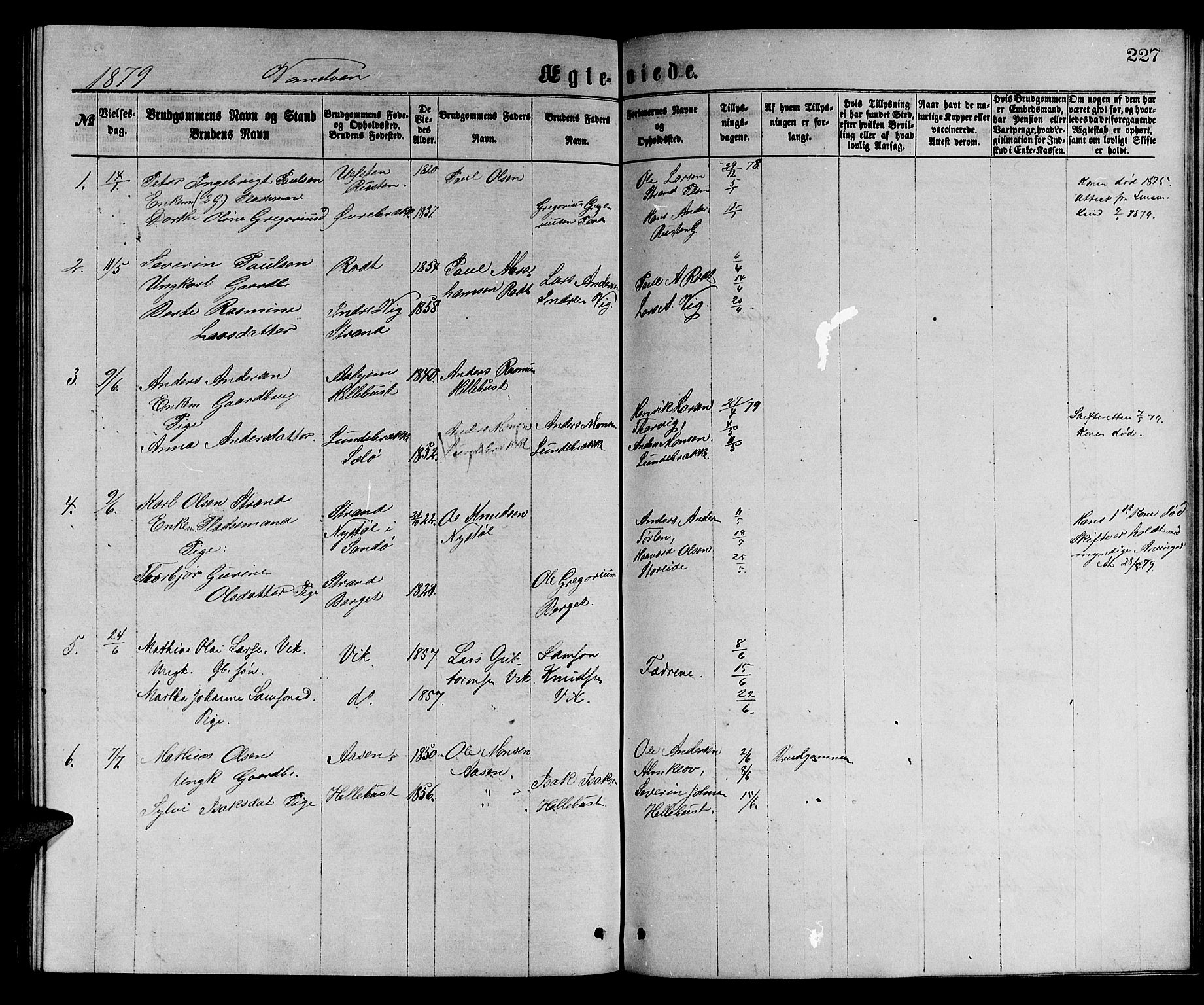 Ministerialprotokoller, klokkerbøker og fødselsregistre - Møre og Romsdal, SAT/A-1454/501/L0016: Parish register (copy) no. 501C02, 1868-1884, p. 227