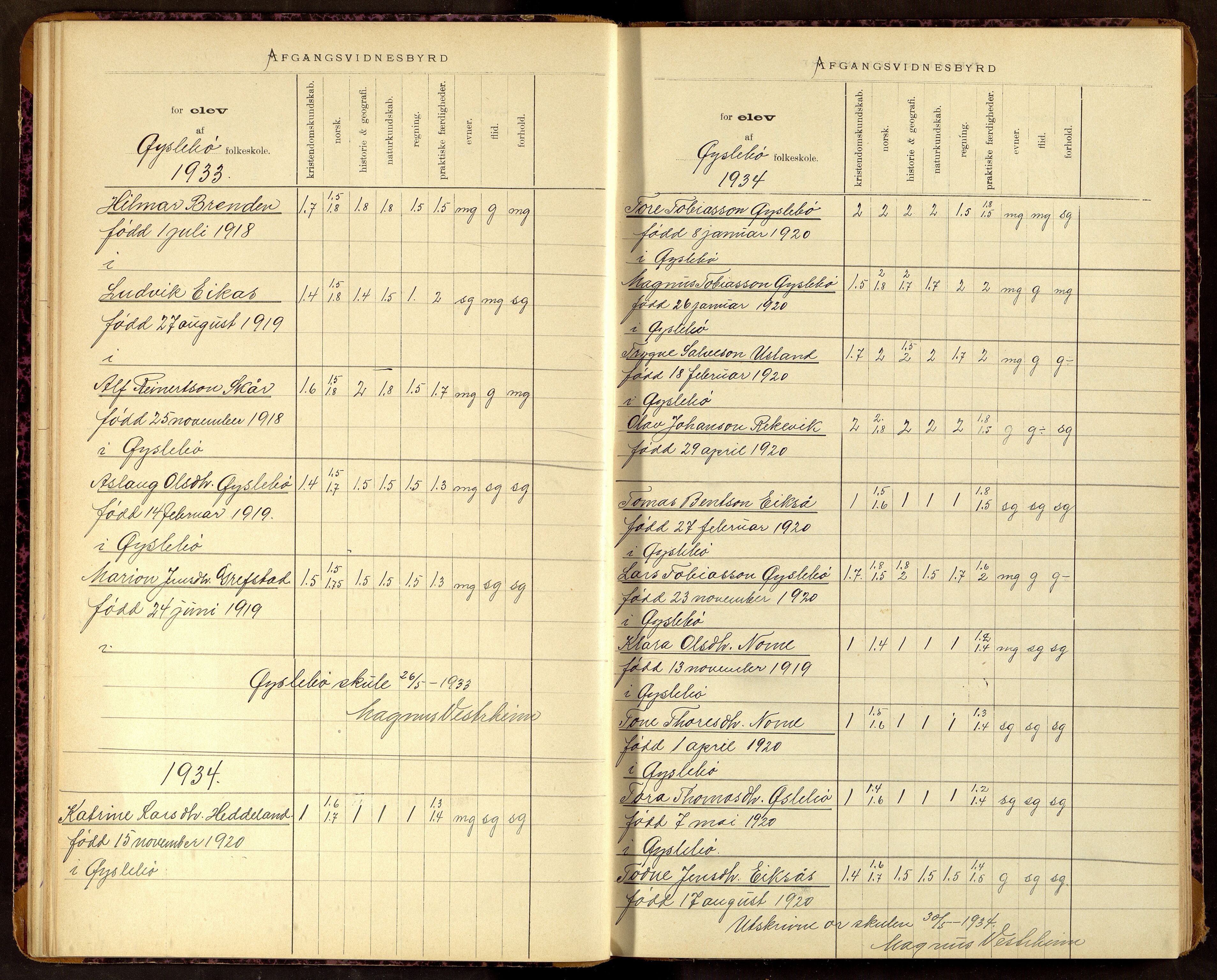 Øyslebø kommune - Øyslebø Skole, ARKSOR/1021ØY552/F/L0001: Protokoll over avgangsvitensbyrd, 1892-1961