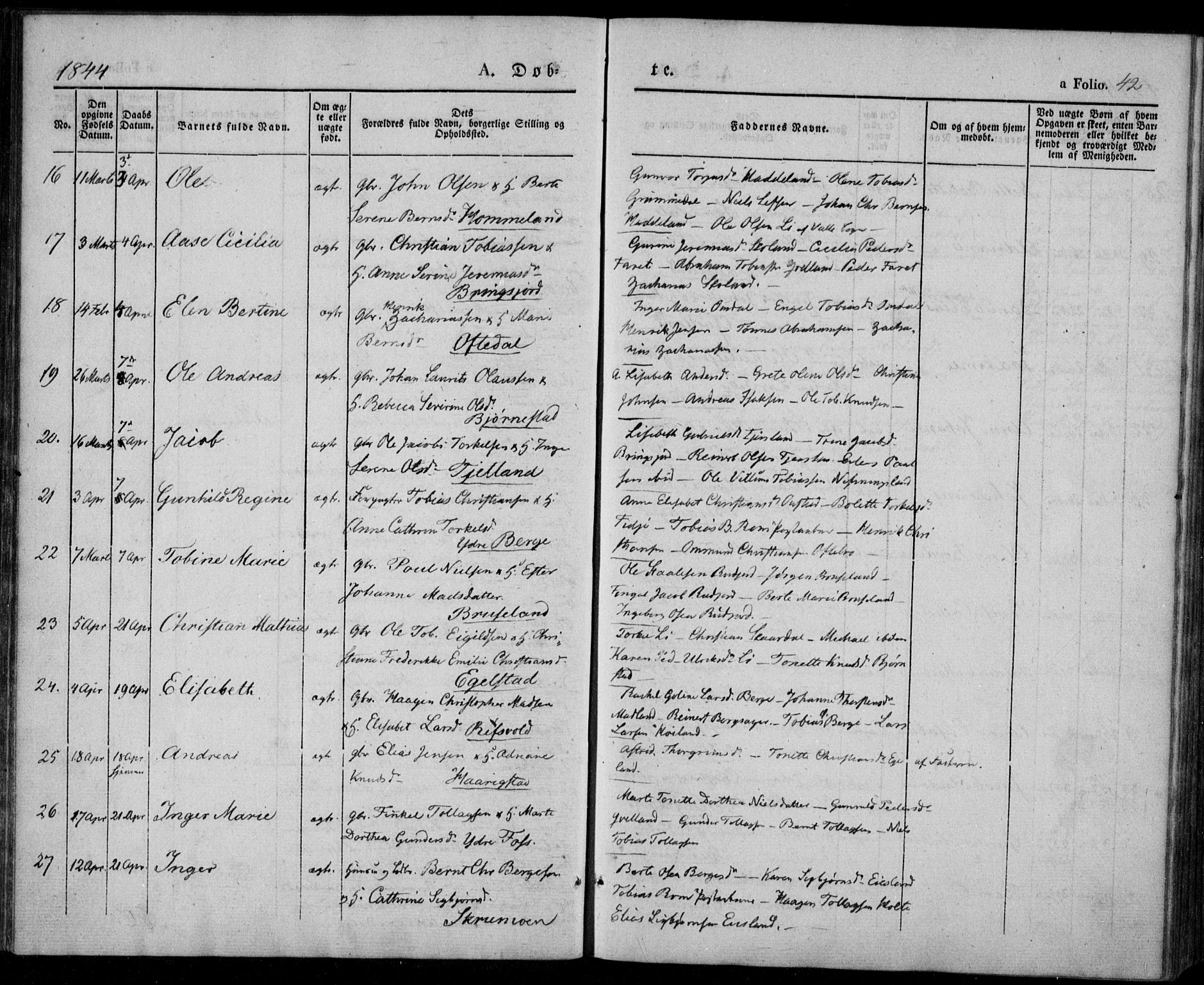 Lyngdal sokneprestkontor, AV/SAK-1111-0029/F/Fa/Fac/L0008: Parish register (official) no. A 8, 1837-1852, p. 42