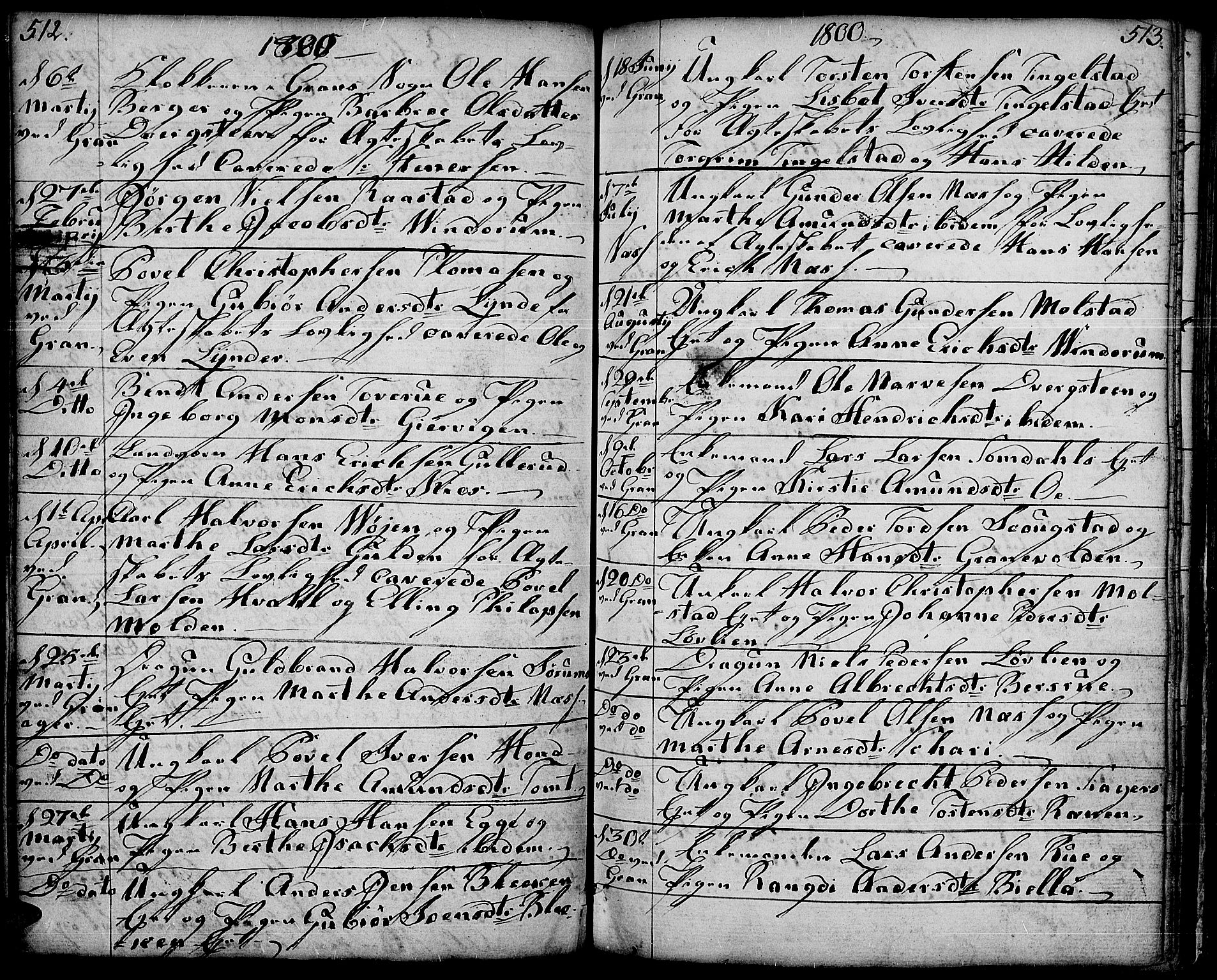 Gran prestekontor, SAH/PREST-112/H/Ha/Haa/L0006: Parish register (official) no. 6, 1787-1824, p. 512-513