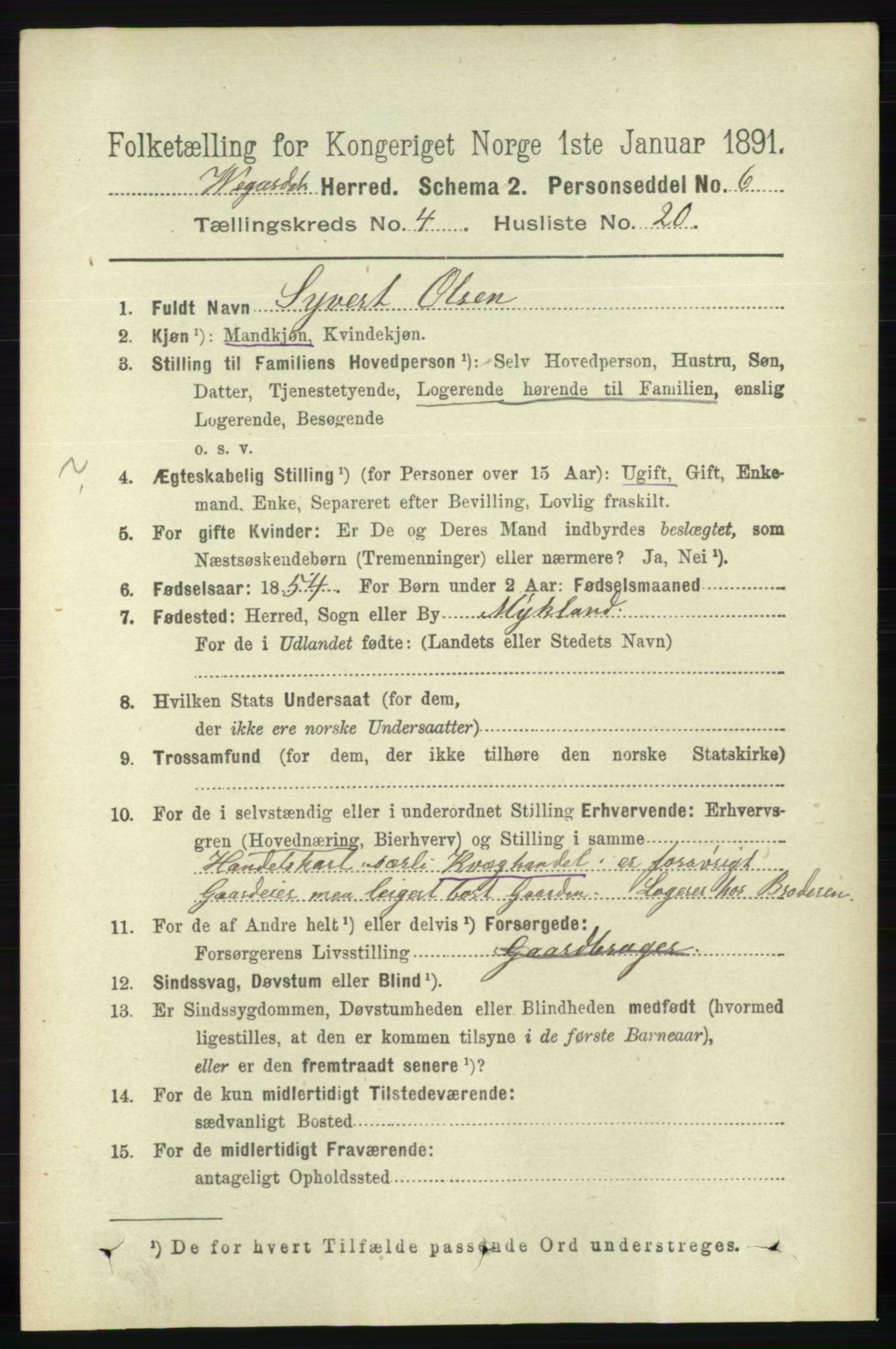 RA, 1891 census for 0934 Vegusdal, 1891, p. 830
