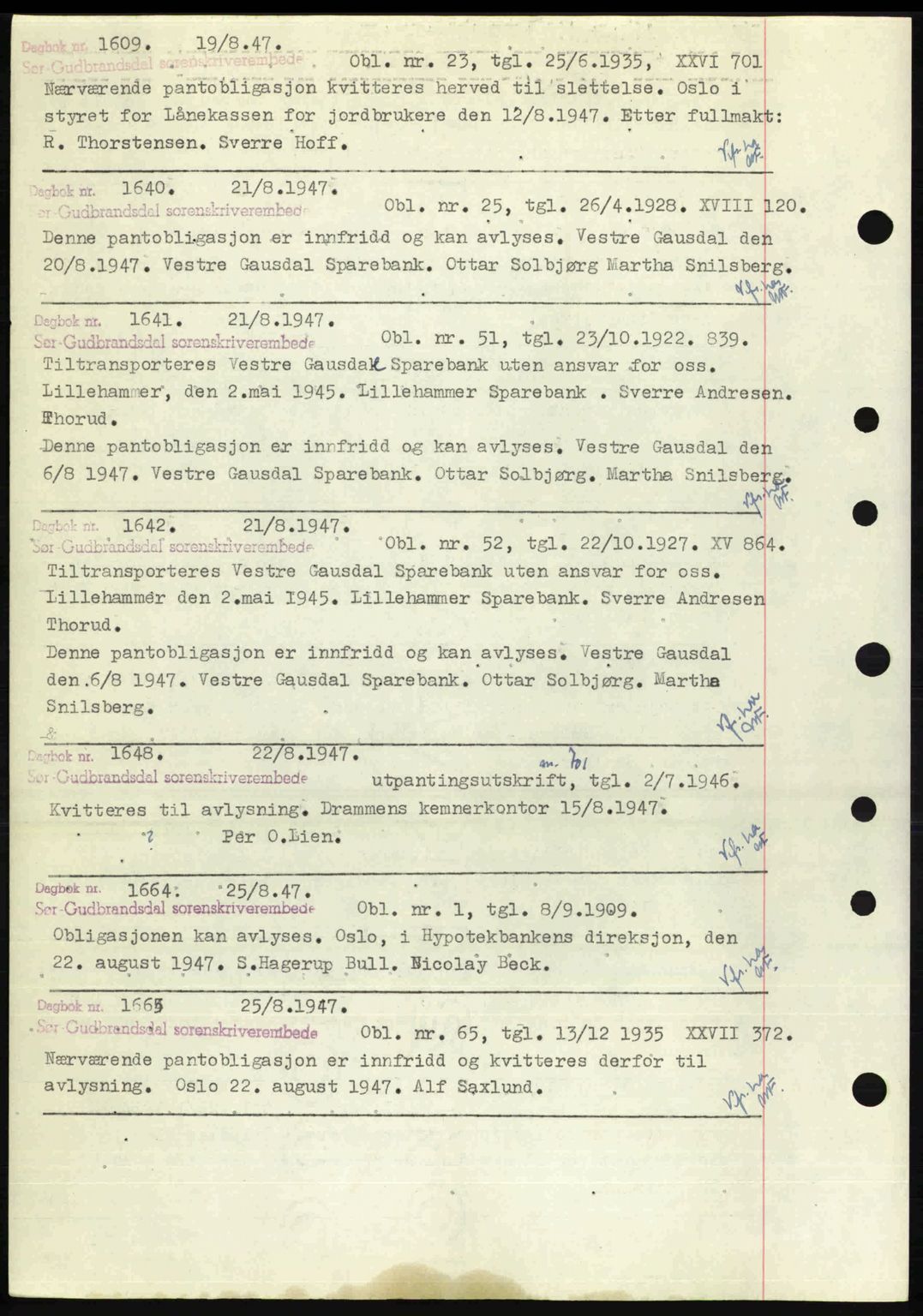Sør-Gudbrandsdal tingrett, SAH/TING-004/H/Hb/Hbf/L0002: Mortgage book no. C1, 1938-1951, Diary no: : 1609/1947