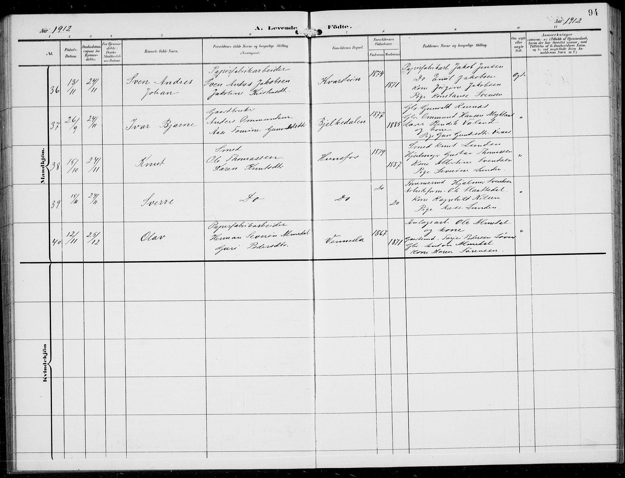 Vennesla sokneprestkontor, AV/SAK-1111-0045/Fb/Fbb/L0005: Parish register (copy) no. B 5, 1903-1913, p. 94