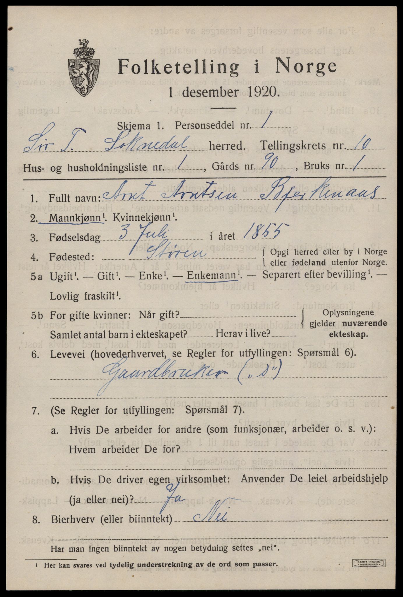 SAT, 1920 census for Soknedal, 1920, p. 4586