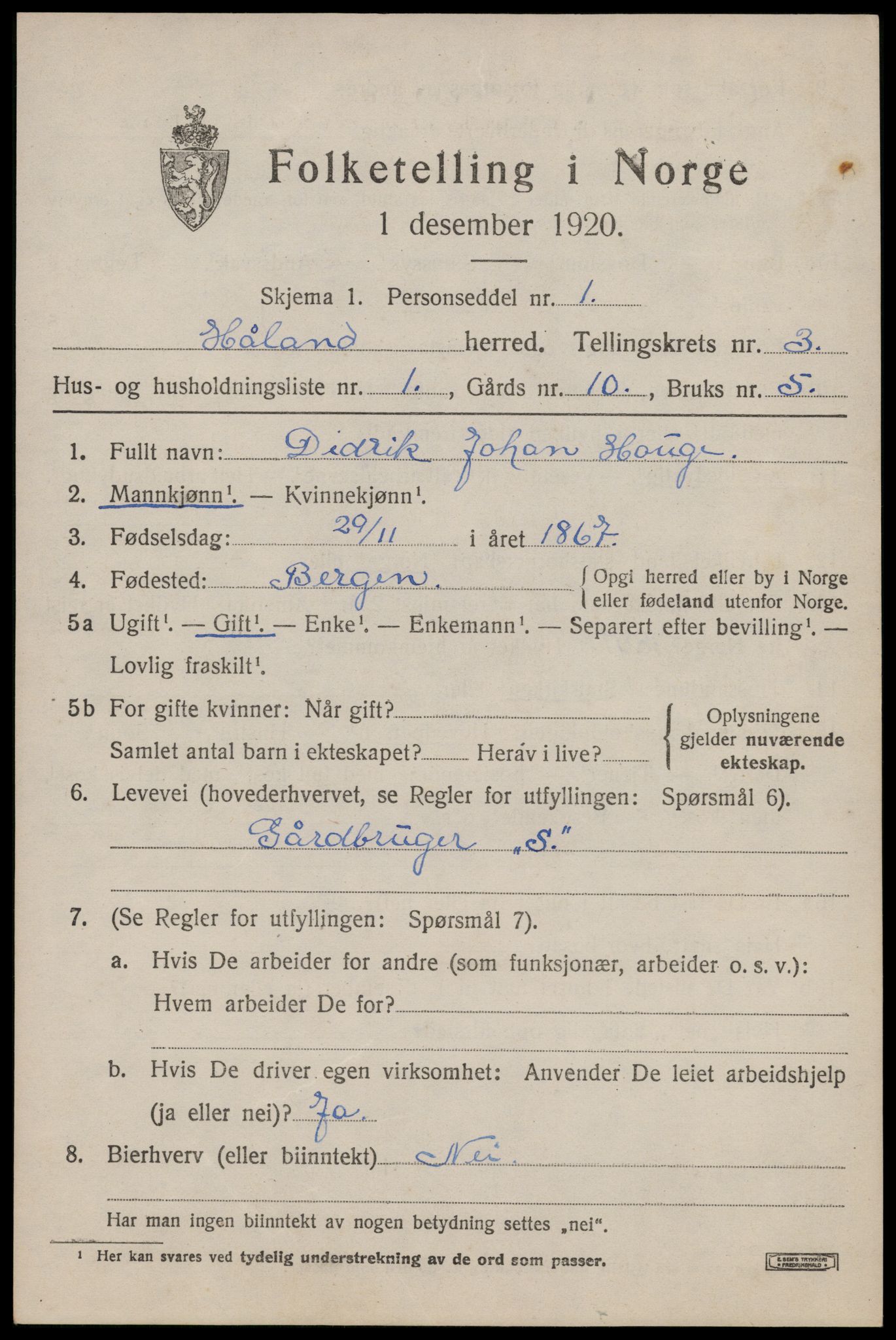 SAST, 1920 census for Håland, 1920, p. 3009