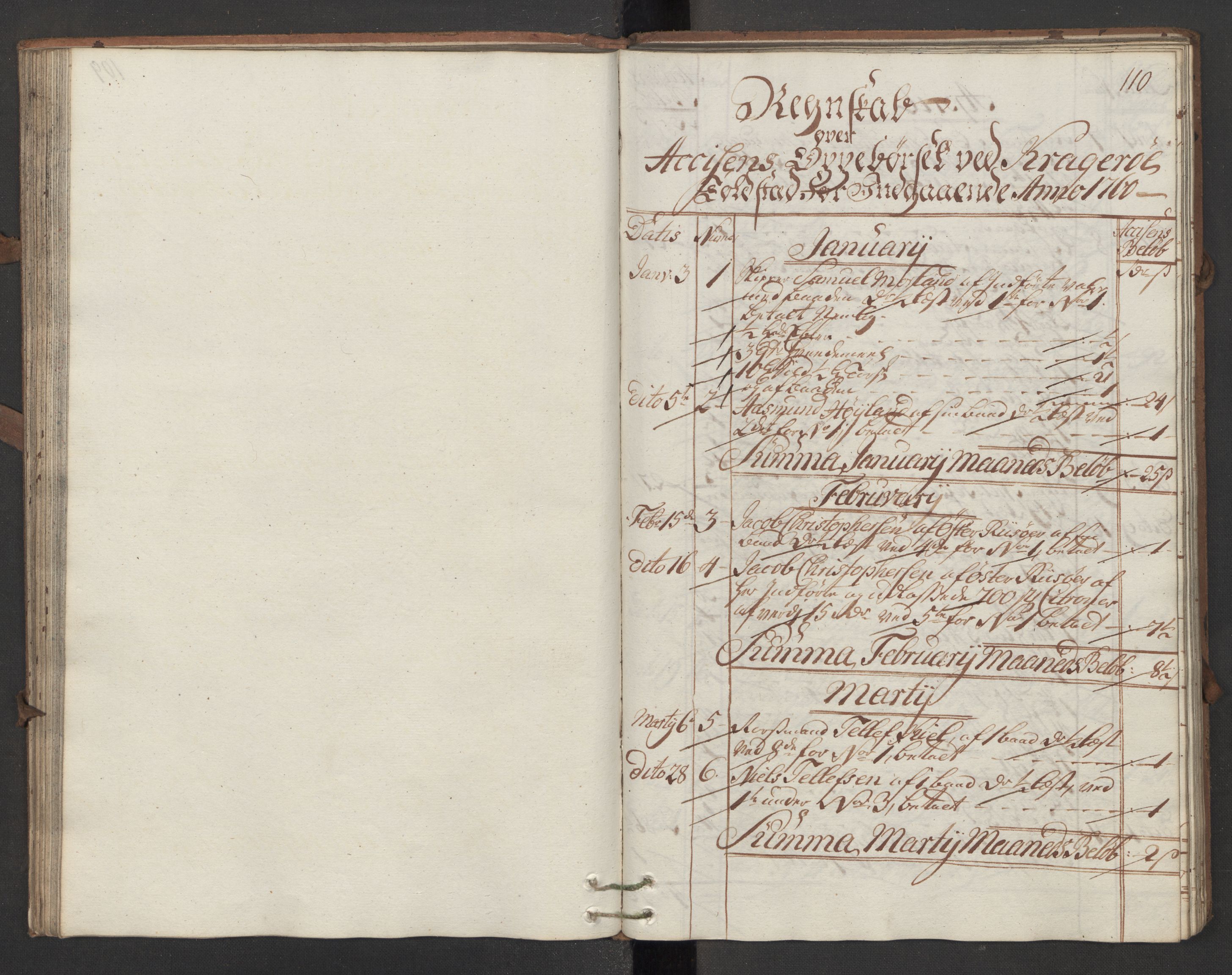 Generaltollkammeret, tollregnskaper, AV/RA-EA-5490/R13/L0028/0001: Tollregnskaper Kragerø / Inngående hovedtollbok, 1760, p. 109b-110a