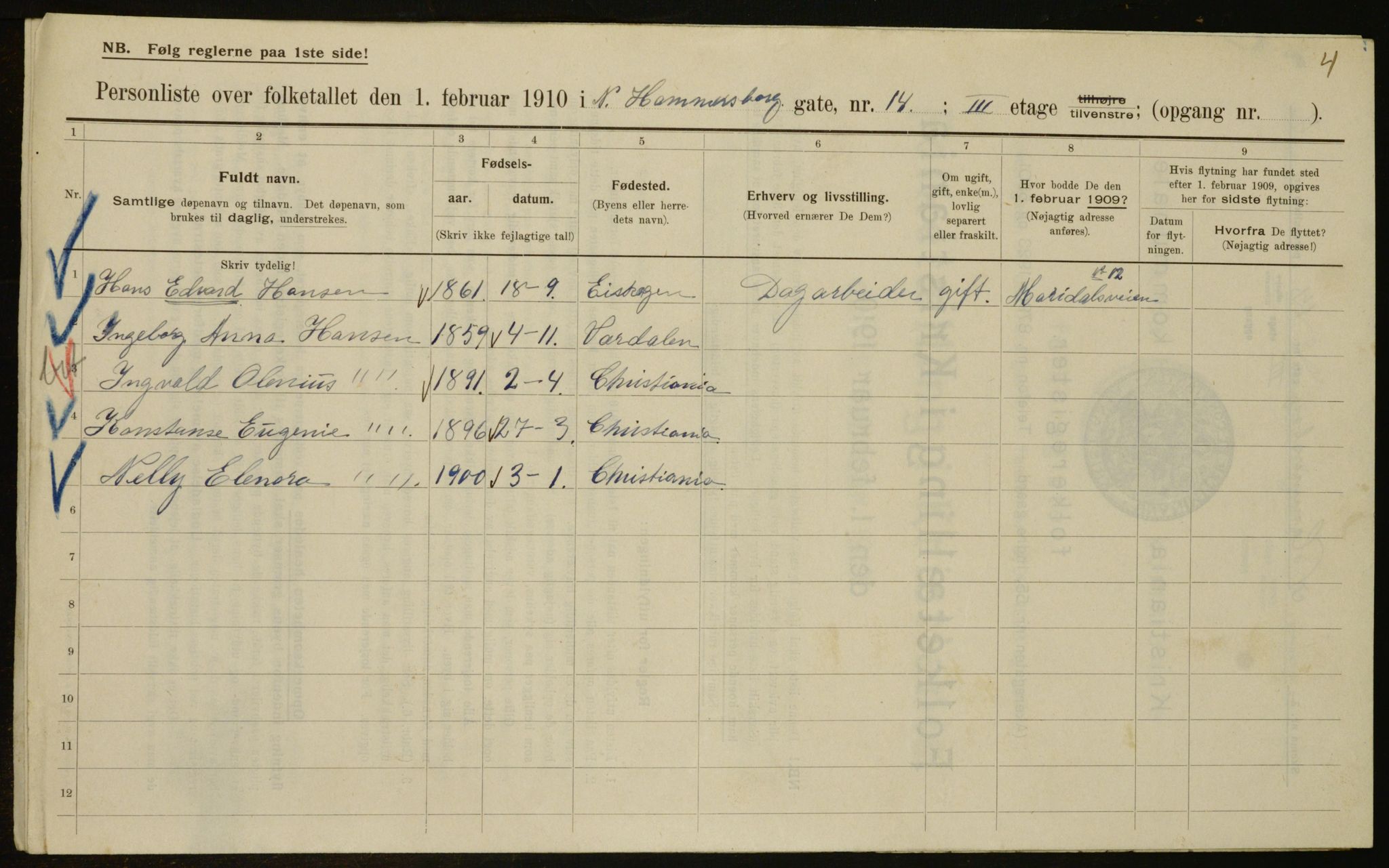 OBA, Municipal Census 1910 for Kristiania, 1910, p. 67094