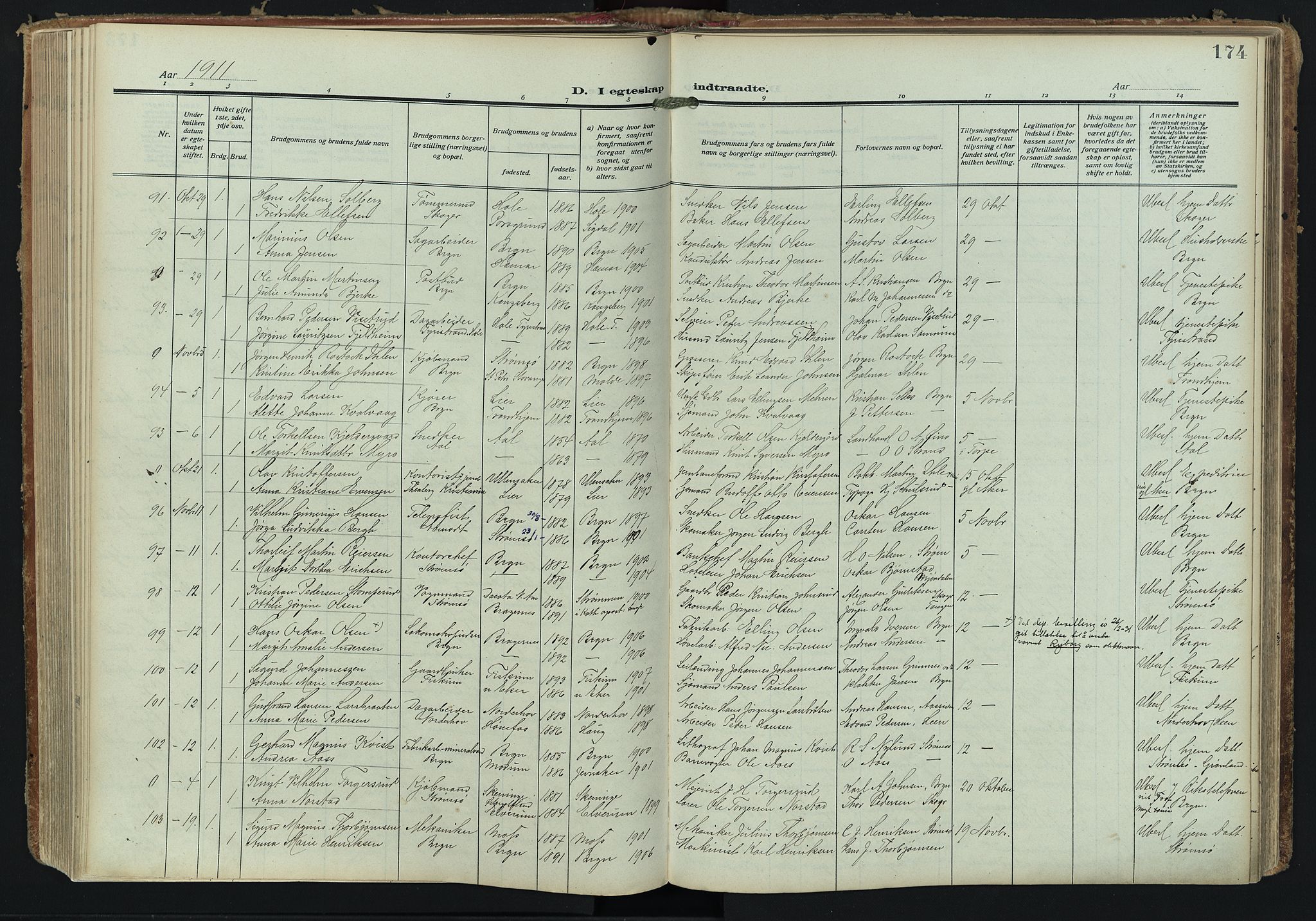 Bragernes kirkebøker, AV/SAKO-A-6/F/Fc/L0008: Parish register (official) no. III 8, 1909-1921, p. 174