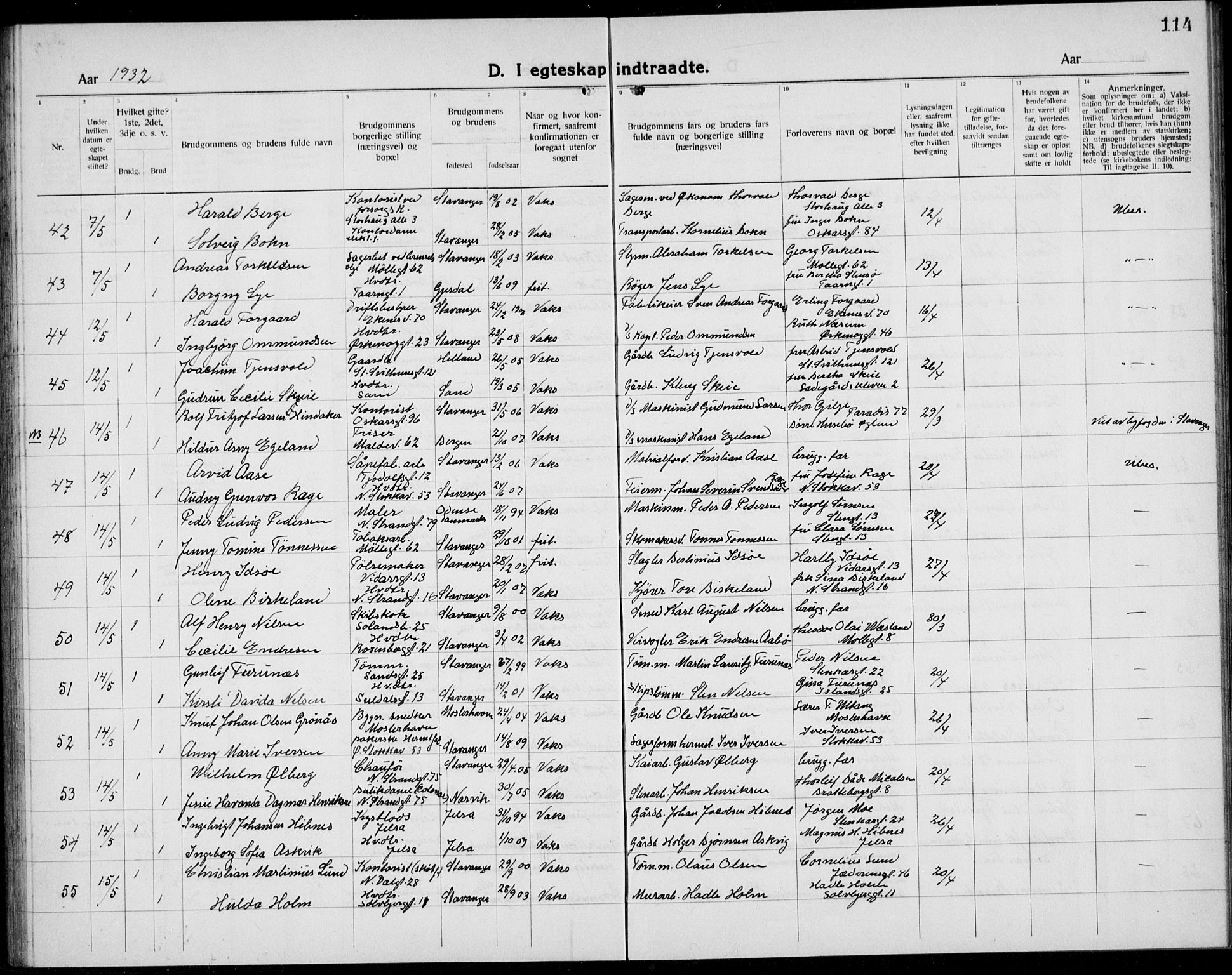 Domkirken sokneprestkontor, AV/SAST-A-101812/001/30/30BB/L0020: Parish register (copy) no. B 20, 1921-1937, p. 114