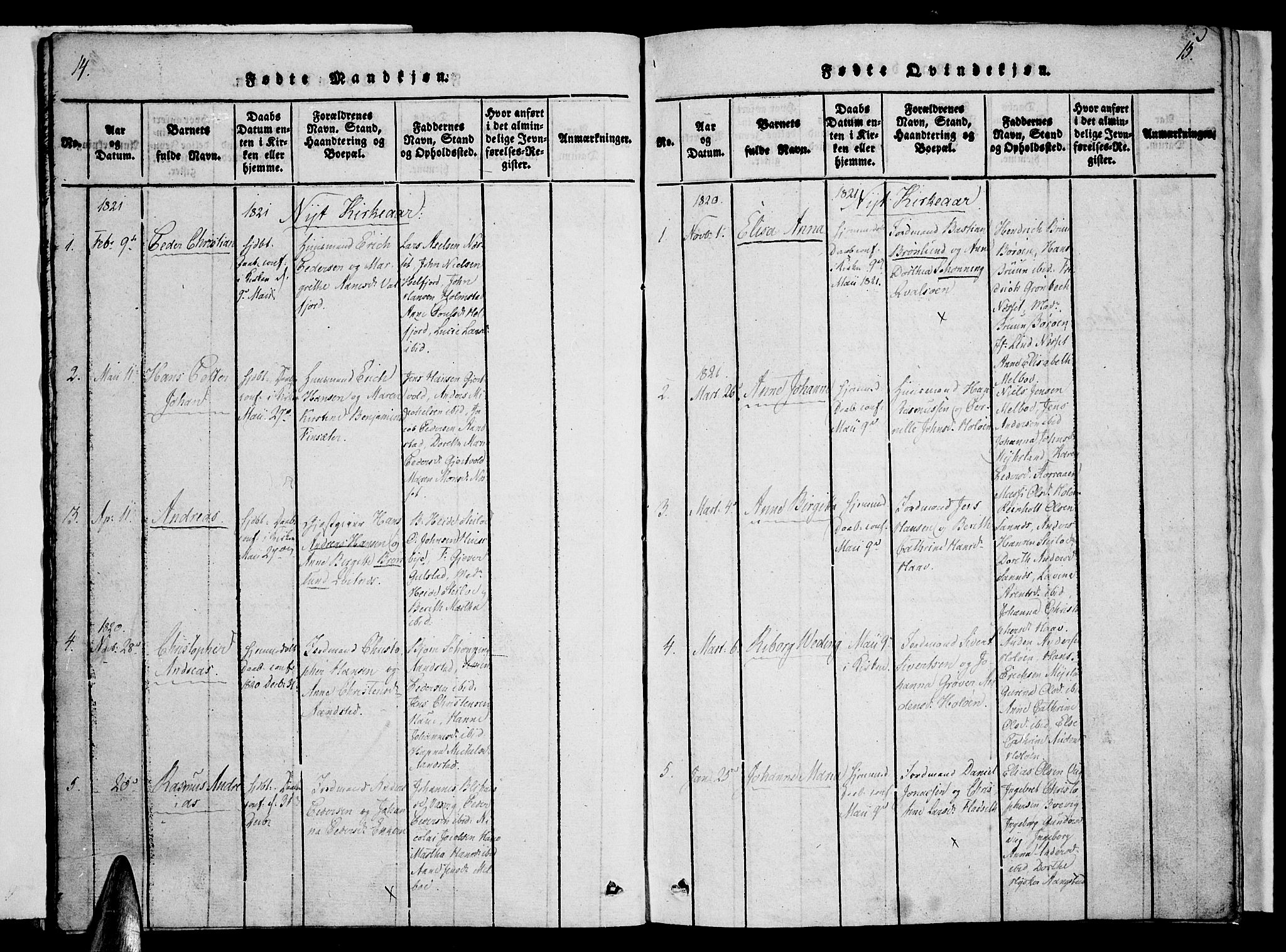 Ministerialprotokoller, klokkerbøker og fødselsregistre - Nordland, AV/SAT-A-1459/888/L1237: Parish register (official) no. 888A05 /1, 1820-1836, p. 14-15