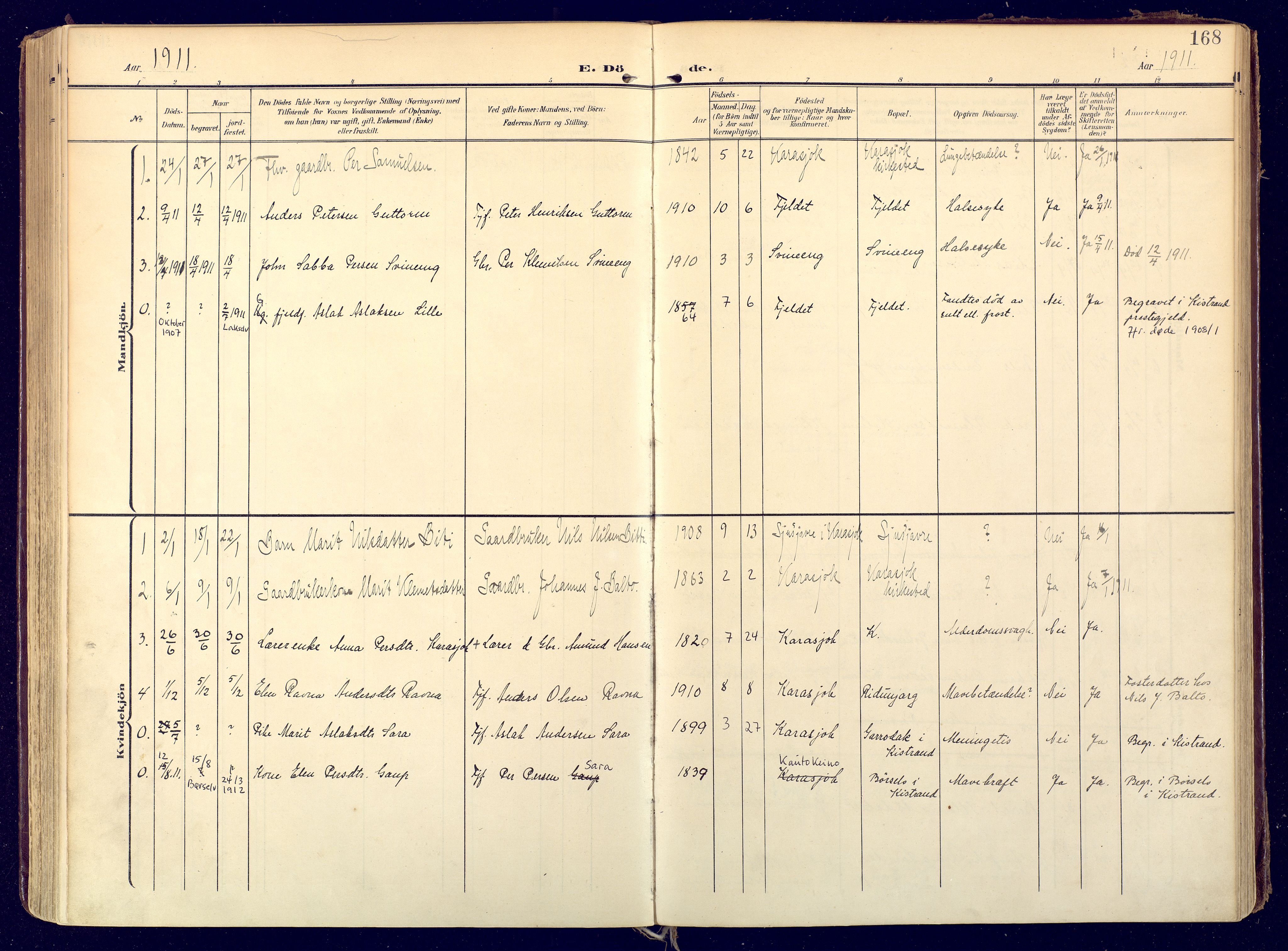 Karasjok sokneprestkontor, AV/SATØ-S-1352/H/Ha: Parish register (official) no. 3, 1907-1926, p. 168