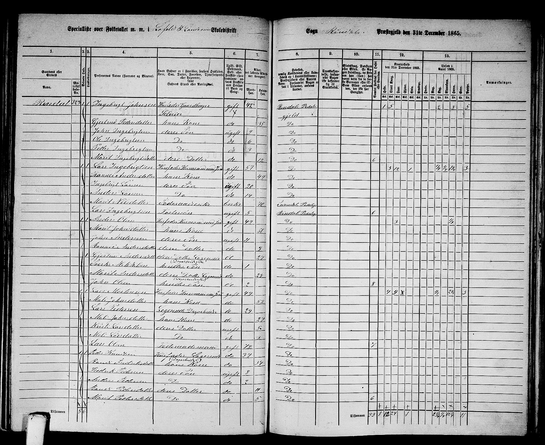 RA, 1865 census for Rindal, 1865, p. 38