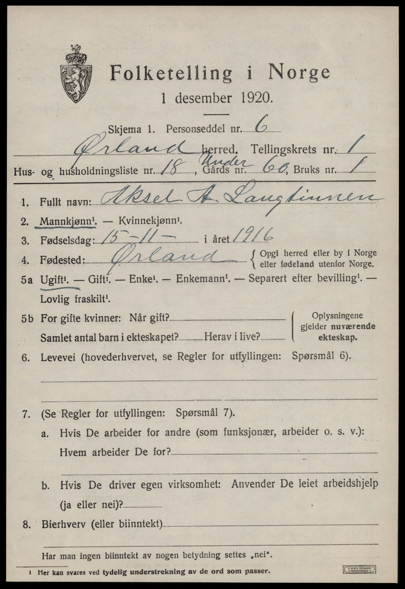 SAT, 1920 census for Ørland, 1920, p. 1603
