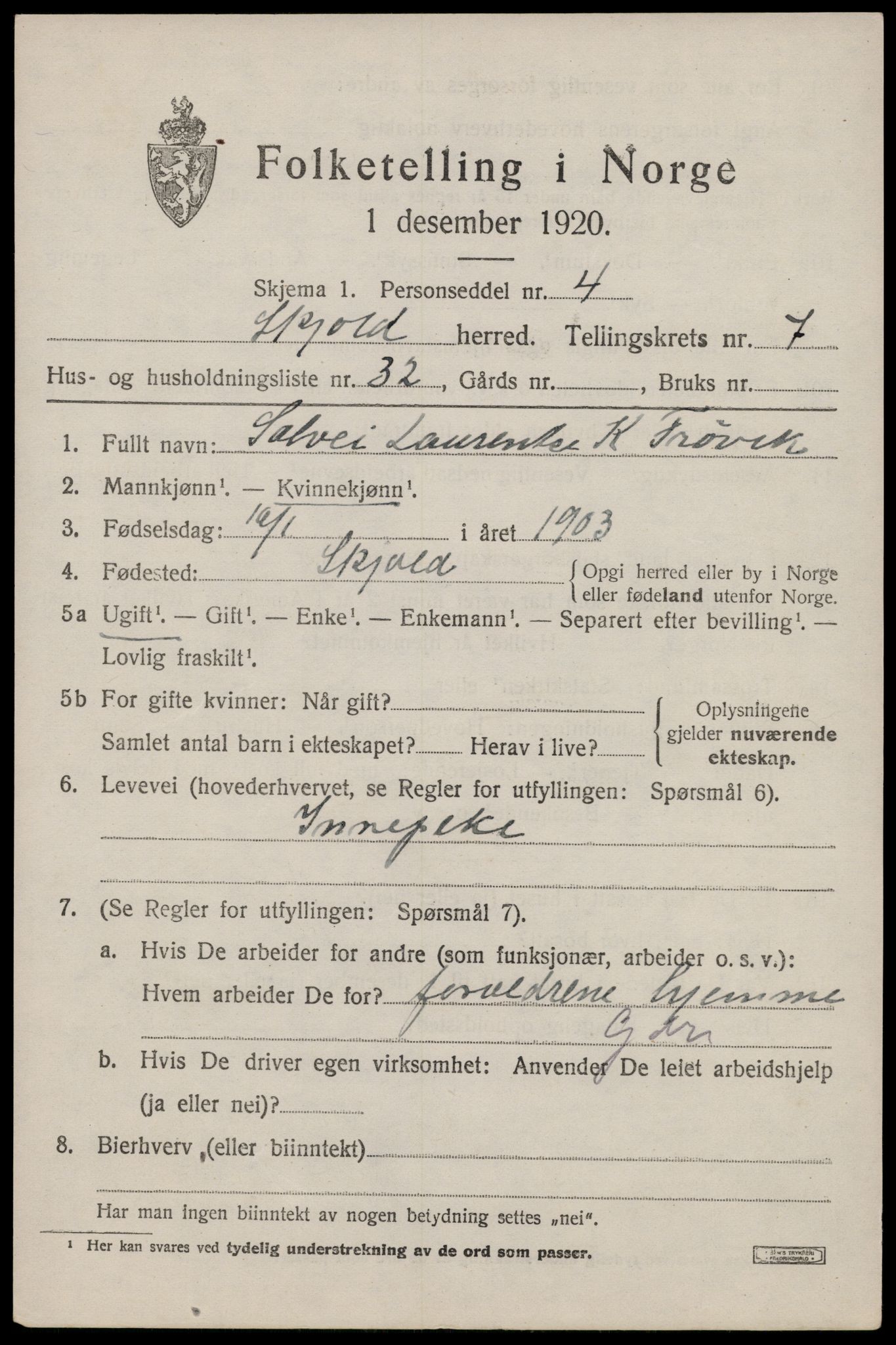 SAST, 1920 census for Skjold, 1920, p. 4168