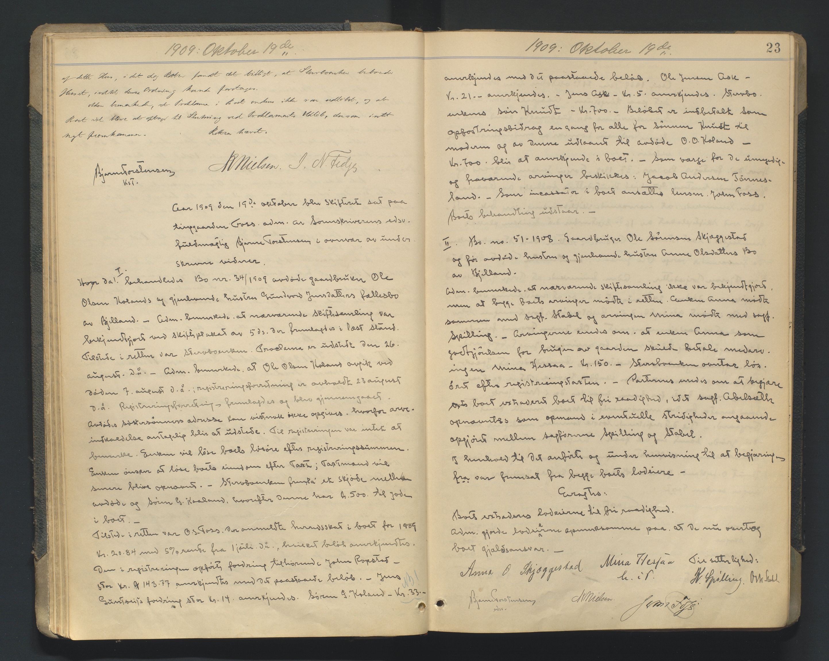 Mandal sorenskriveri, AV/SAK-1221-0005/001/H/Hc/L0081: Skifteforhandlingsprotokoll nr 13, 1909-1913, p. 23
