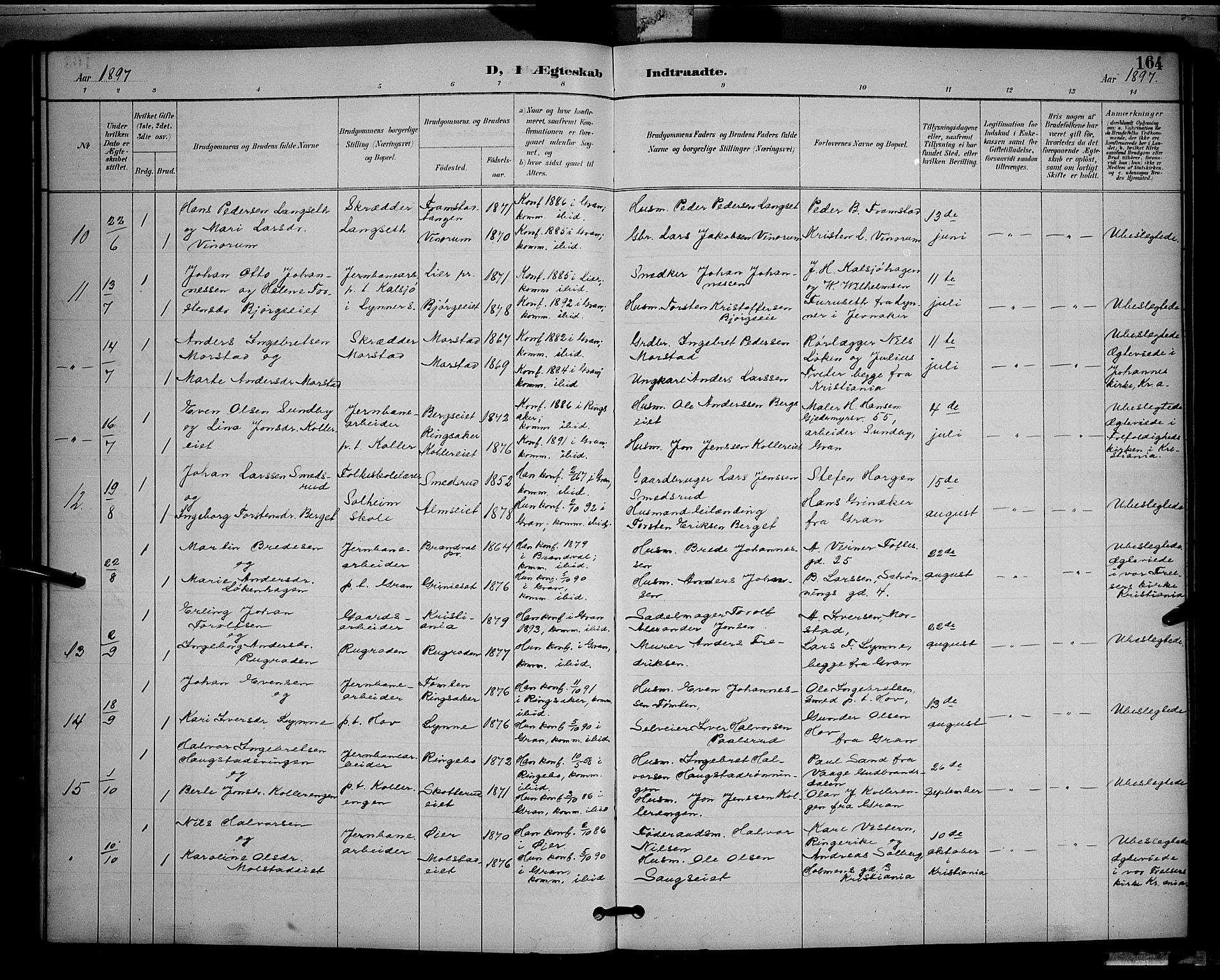 Gran prestekontor, AV/SAH-PREST-112/H/Ha/Hab/L0005: Parish register (copy) no. 5, 1892-1900, p. 164