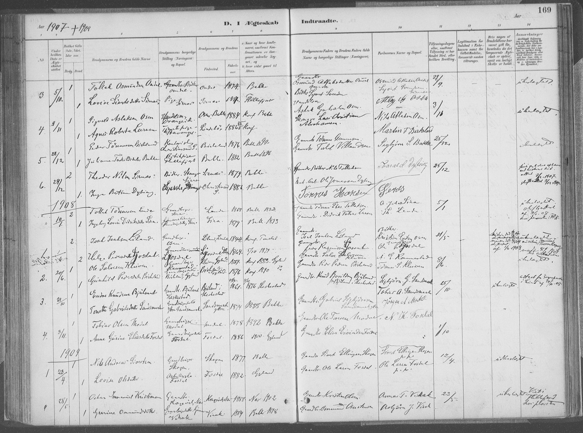Bakke sokneprestkontor, SAK/1111-0002/F/Fa/Faa/L0008: Parish register (official) no. A 8, 1887-1911, p. 169