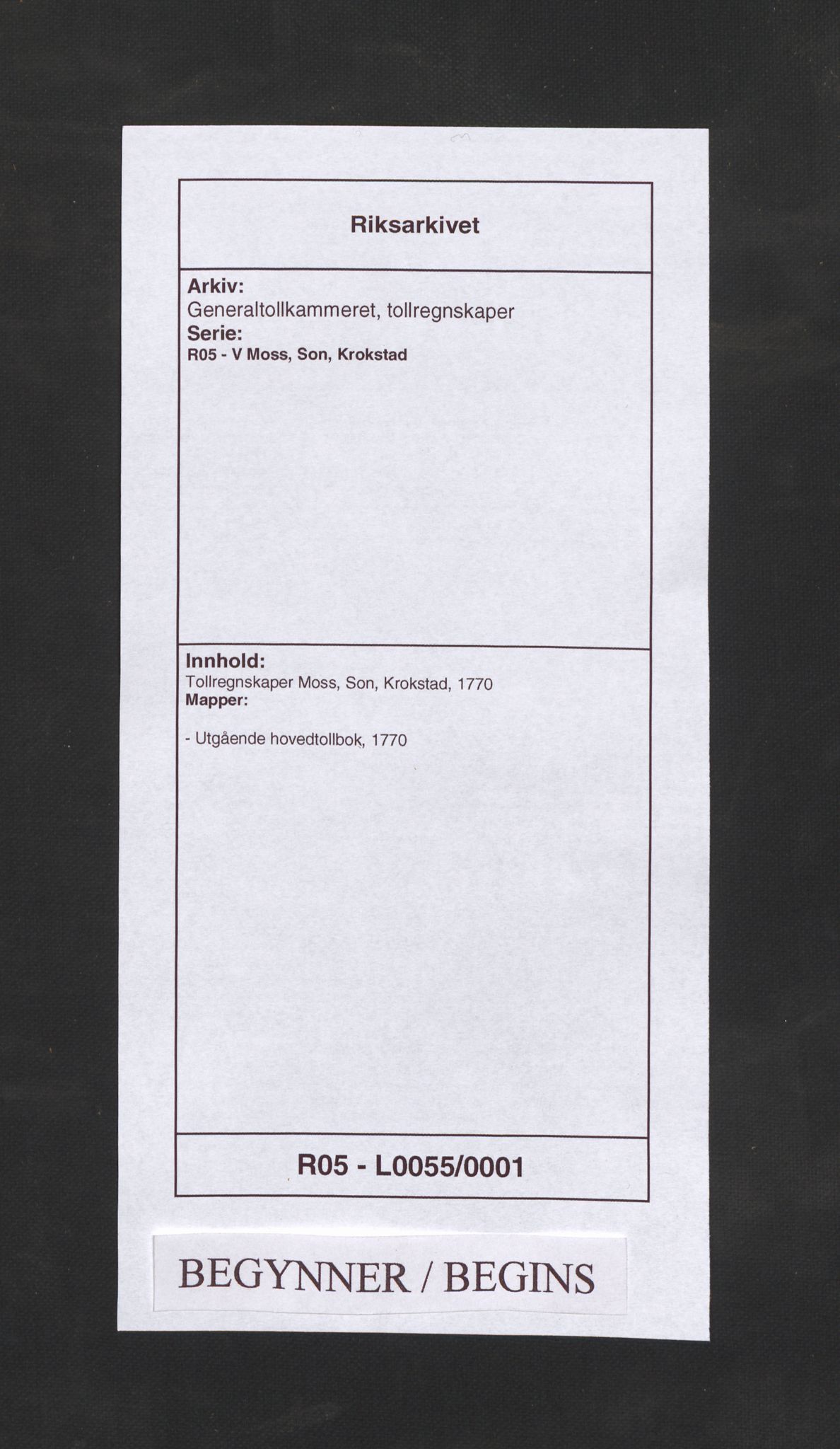 Generaltollkammeret, tollregnskaper, AV/RA-EA-5490/R05/L0055/0001: Tollregnskaper Moss, Son, Krokstad / Utgående hovedtollbok, 1770