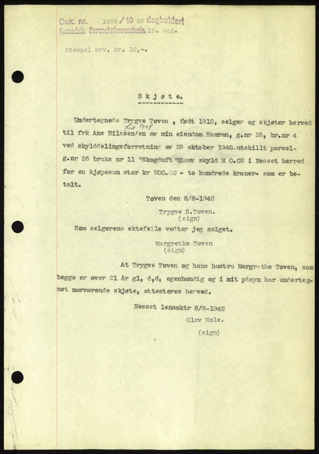 Romsdal sorenskriveri, AV/SAT-A-4149/1/2/2C: Mortgage book no. A12, 1942-1942, Diary no: : 1609/1942