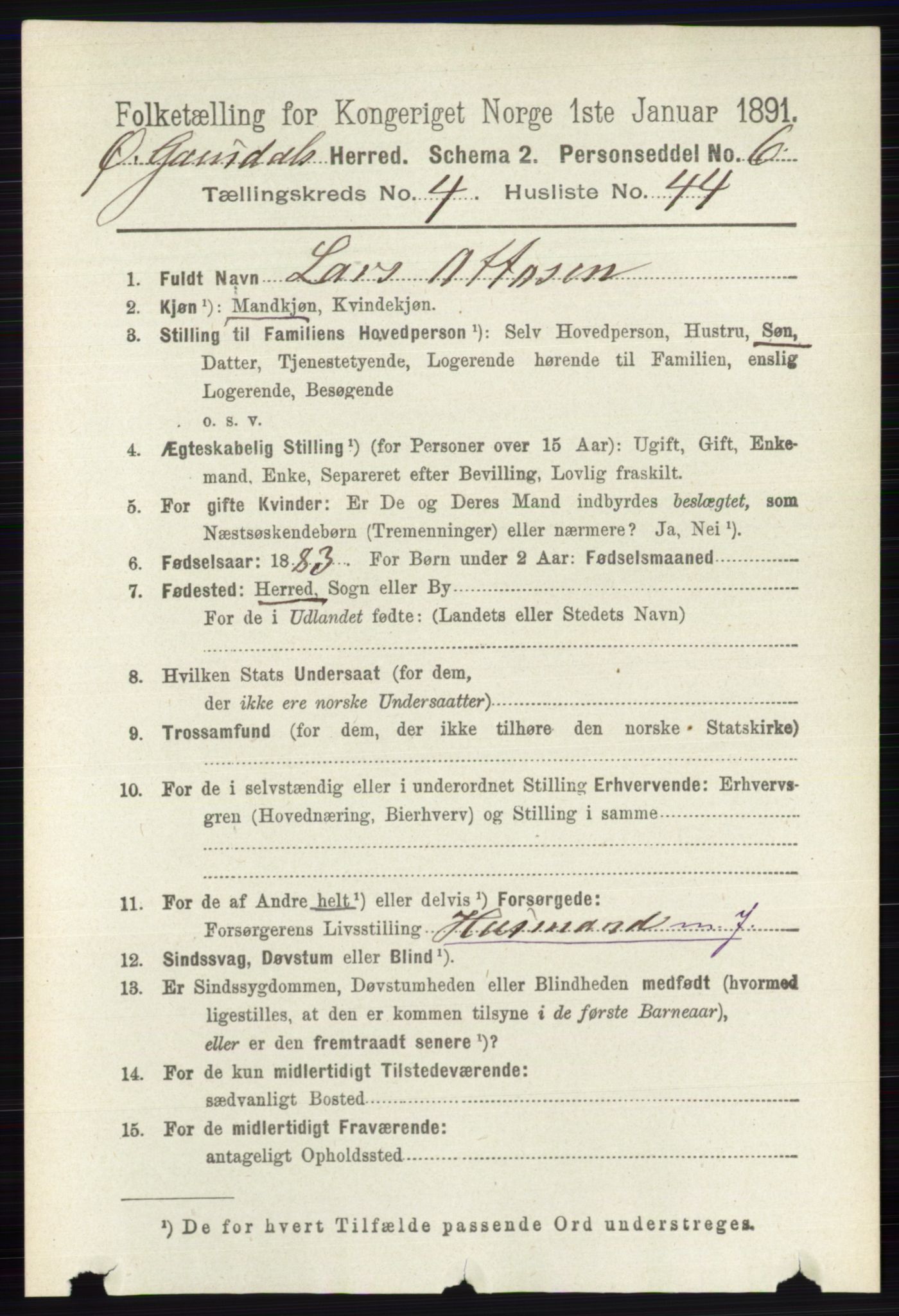 RA, 1891 census for 0522 Østre Gausdal, 1891, p. 2797
