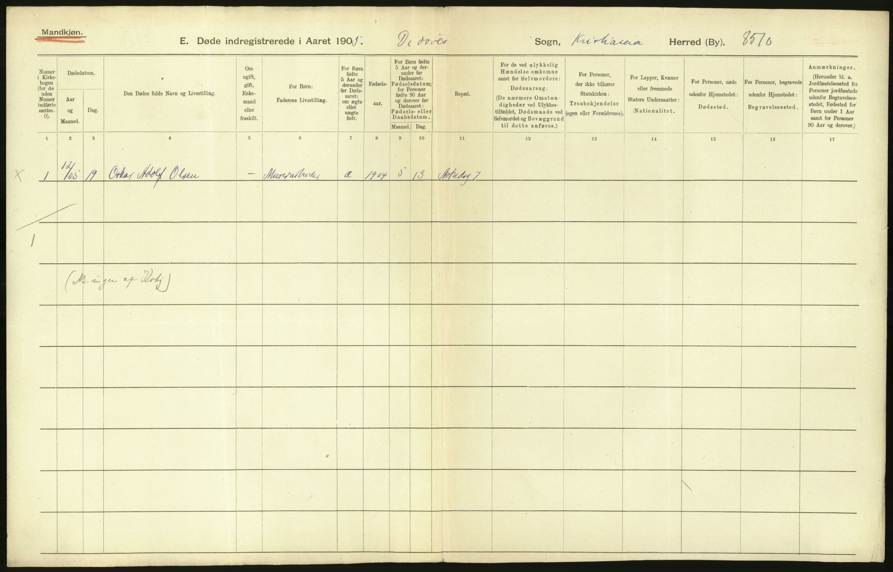 Statistisk sentralbyrå, Sosiodemografiske emner, Befolkning, RA/S-2228/D/Df/Dfa/Dfac/L0007a: Kristiania: Døde, dødfødte., 1905, p. 804