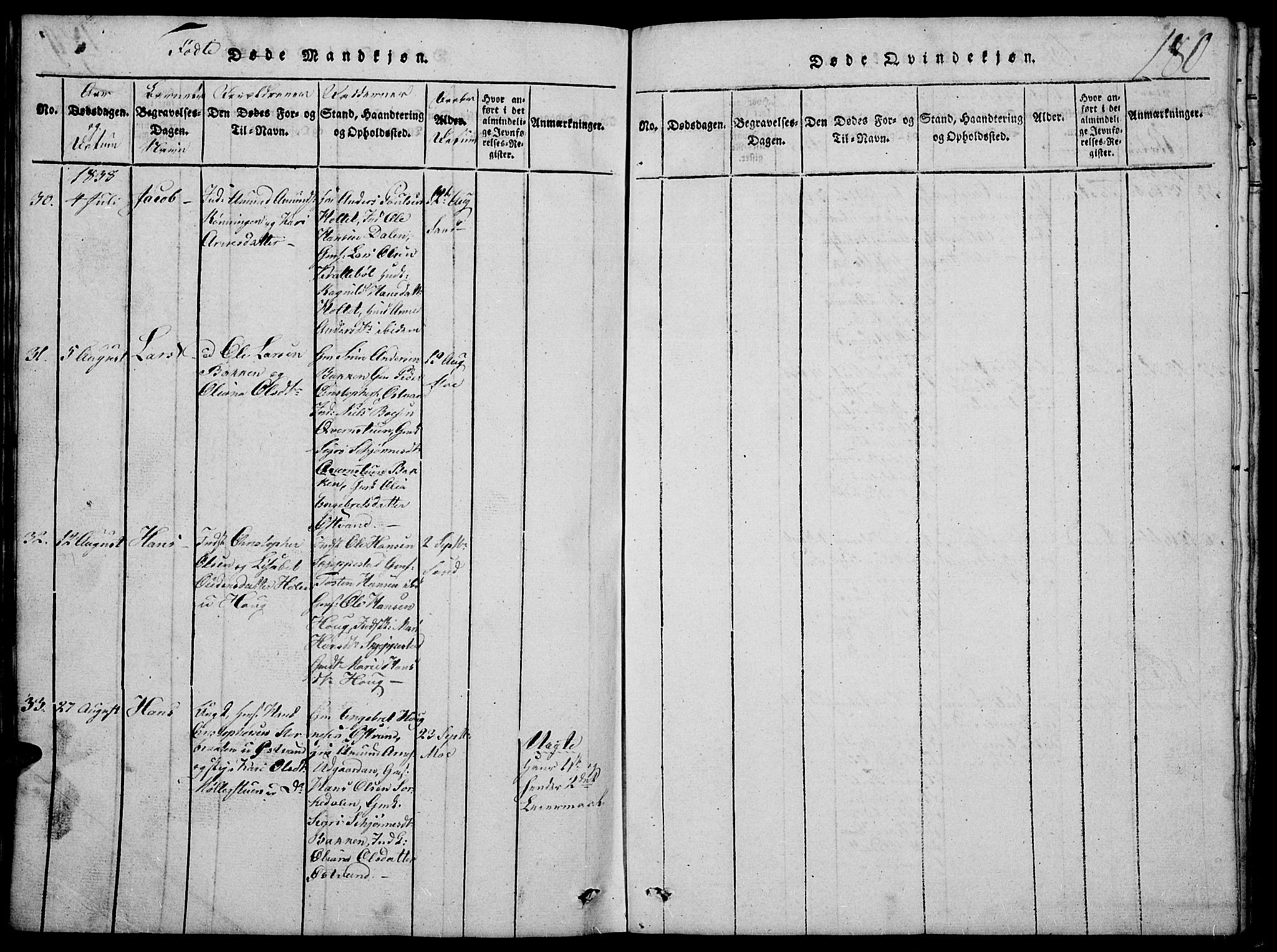 Nord-Odal prestekontor, AV/SAH-PREST-032/H/Ha/Hab/L0001: Parish register (copy) no. 1, 1819-1838, p. 180