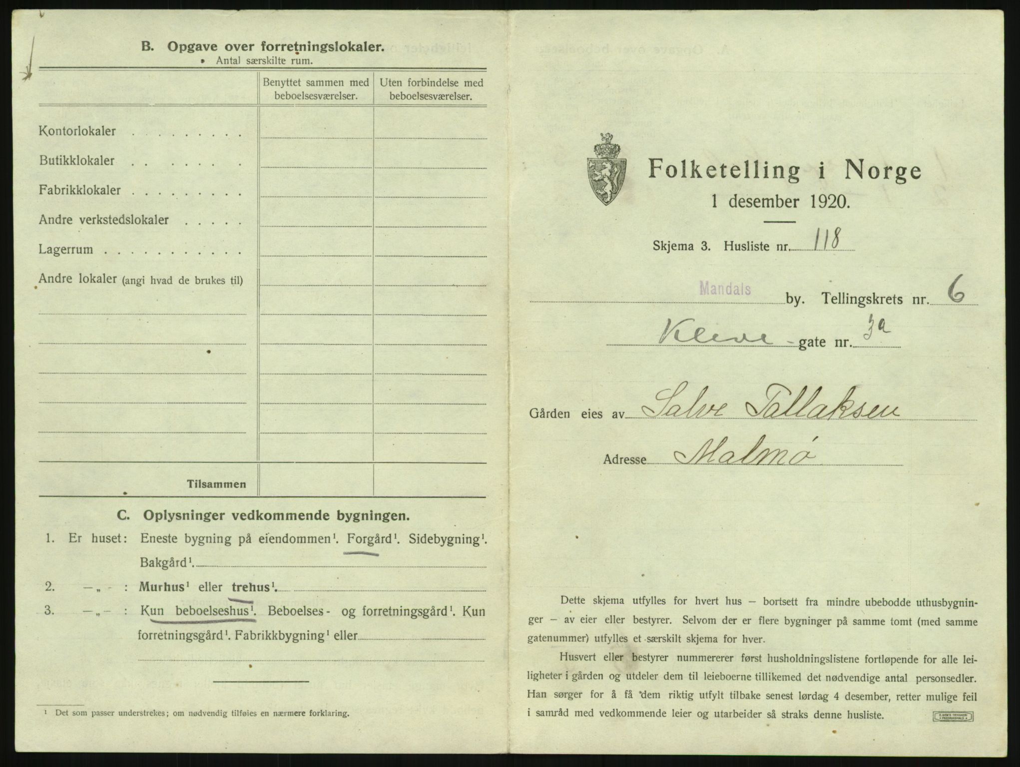 SAK, 1920 census for Mandal, 1920, p. 1419
